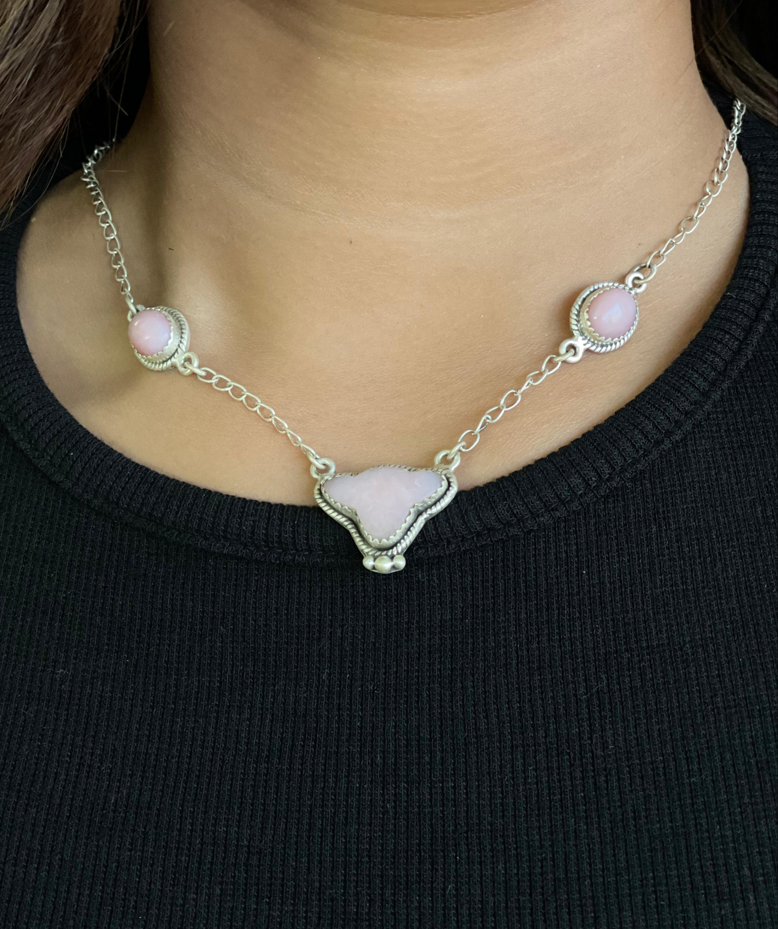 Handmade Sterling Silver Pink Opal Necklace with Signed Nizhoni