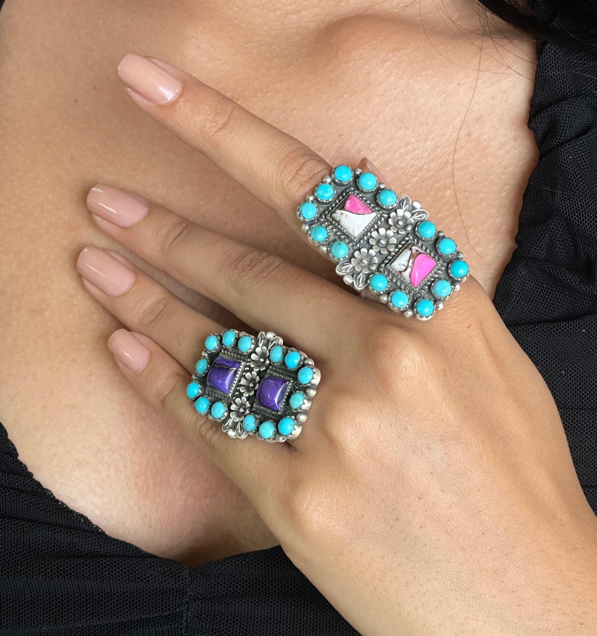 Handmade Sterling Silver Cotton Candy with Kingman, Grape Dahlia with Kingman Adjustable Ring, Signed Nizhoni