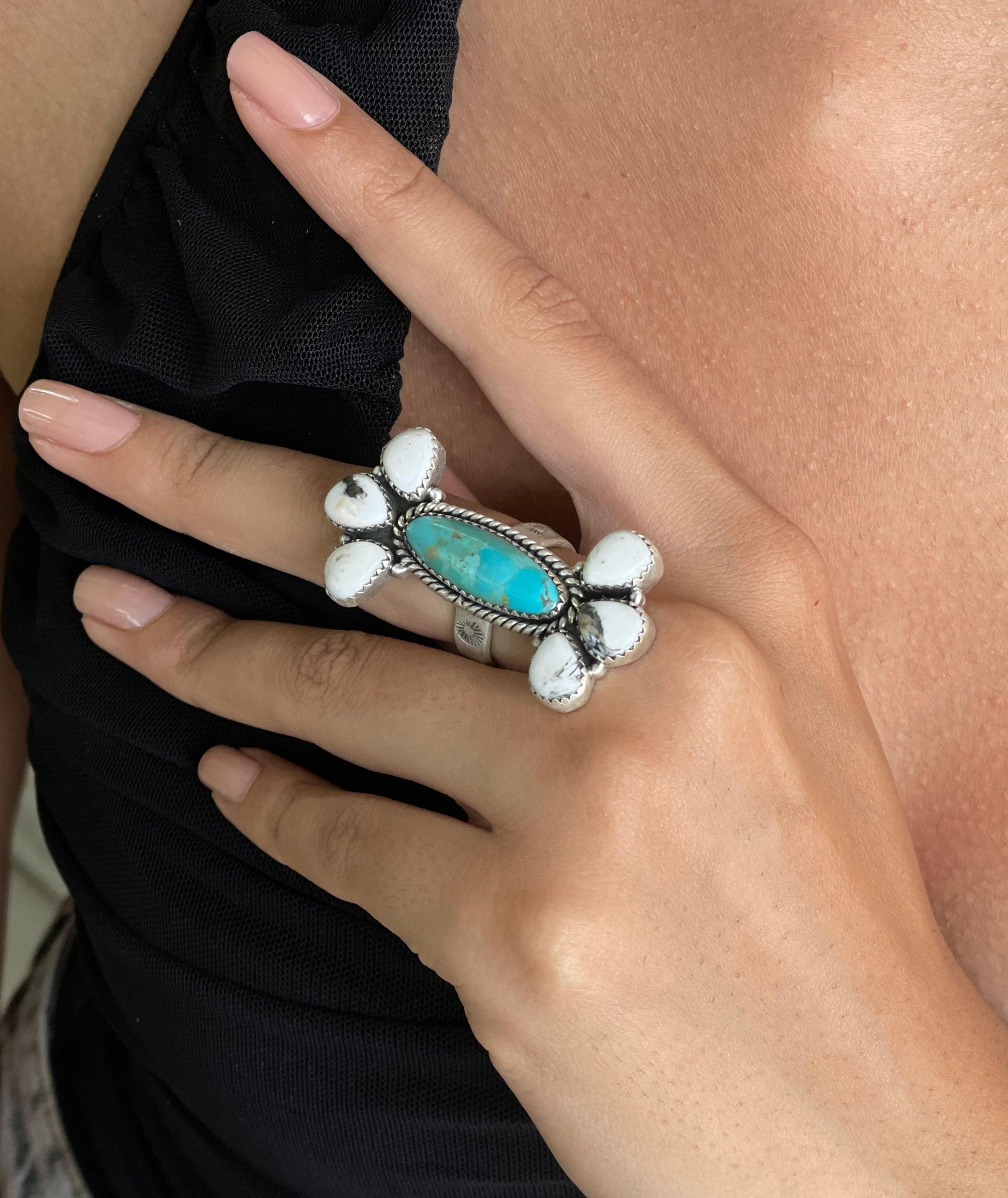 Handmade Sterling Silver White Buffalo with Kingman Turquoise Adjustable Ring with Signed Nizhoni