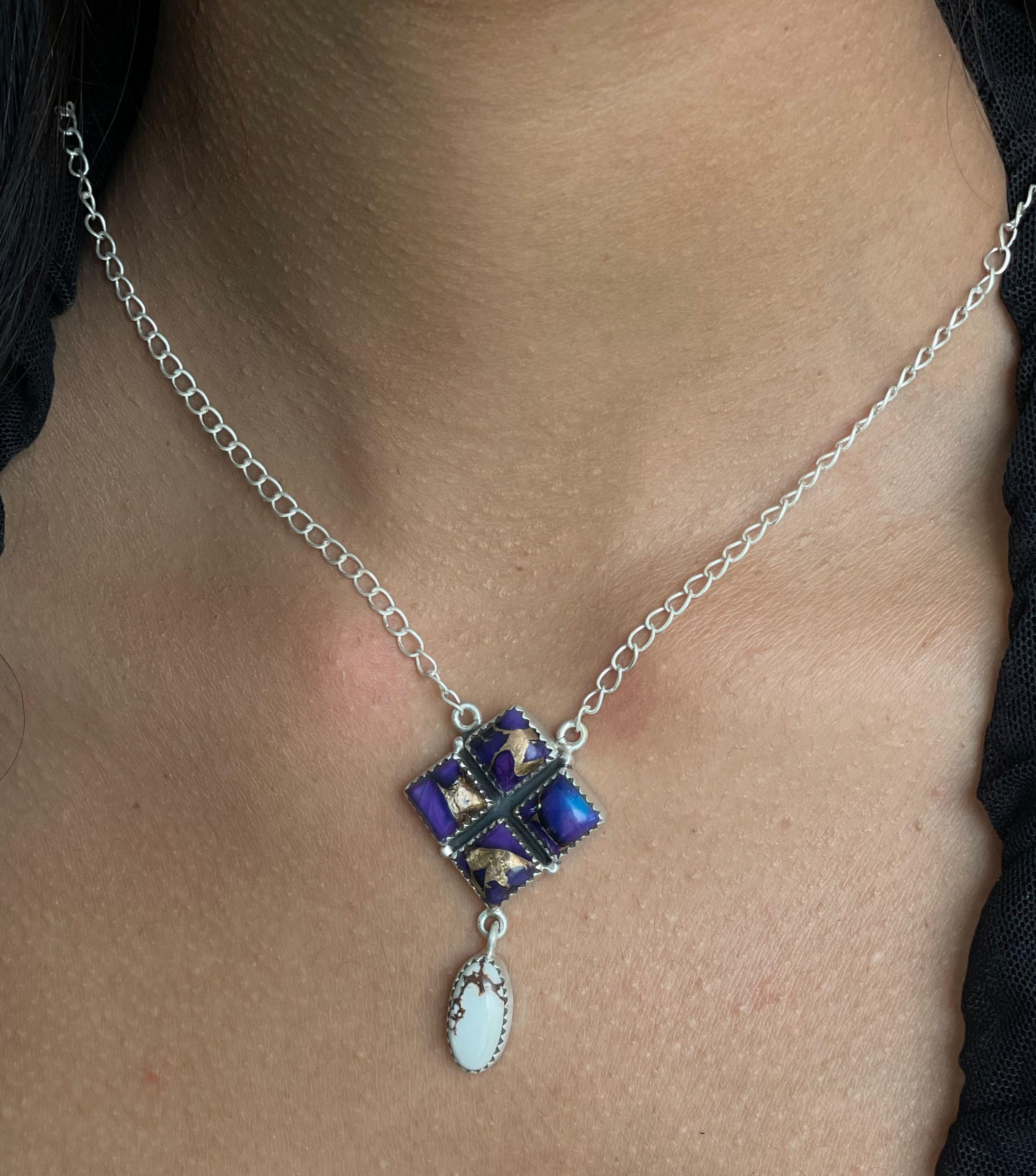 Handmade Sterling Silver Grape Dahlia with Wild Horse Necklace with Signed Nizhoni