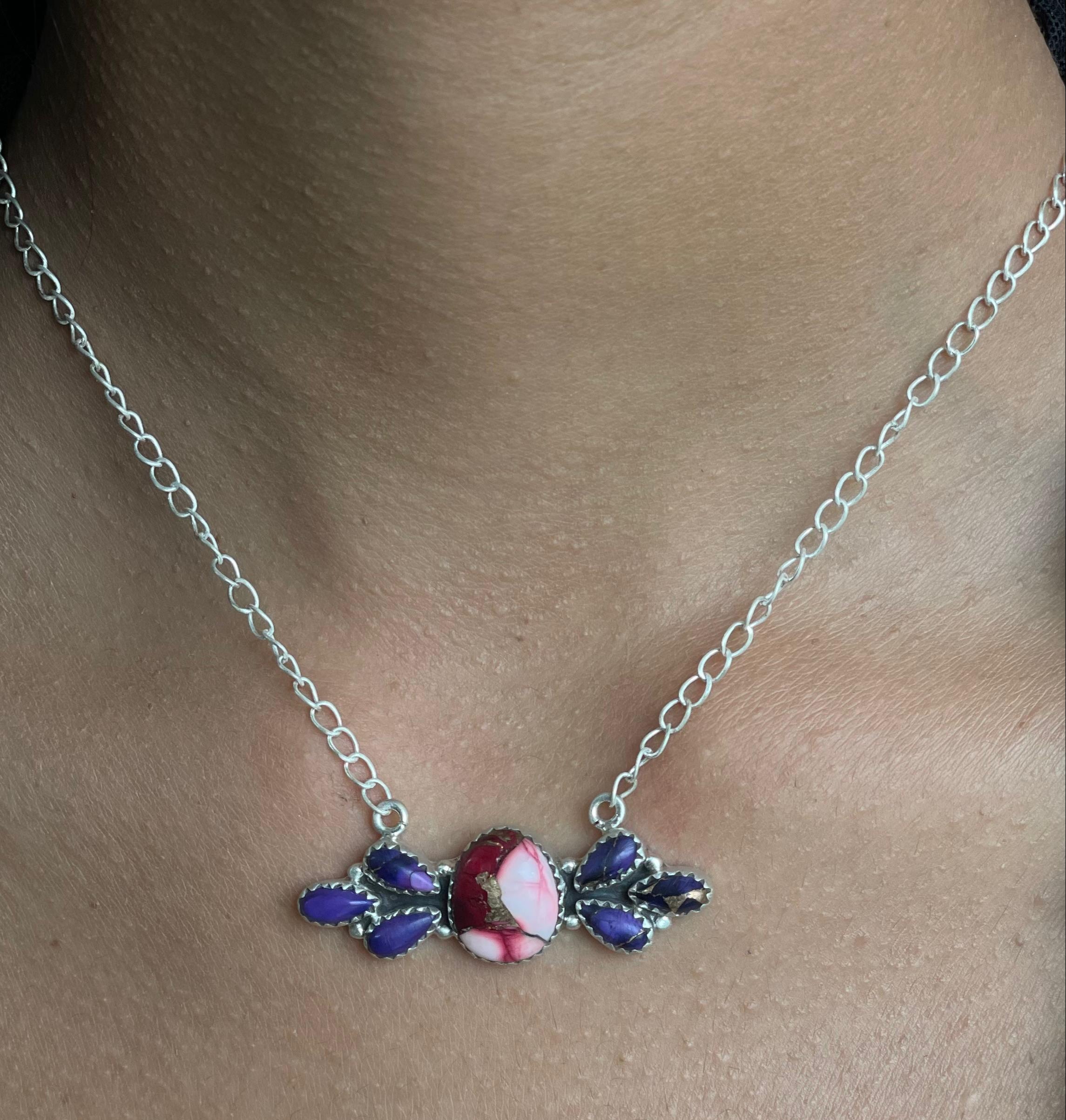 Handmade Sterling Silver Grape Dahlia with Dahlia Rose Necklace with Signed Nizhoni