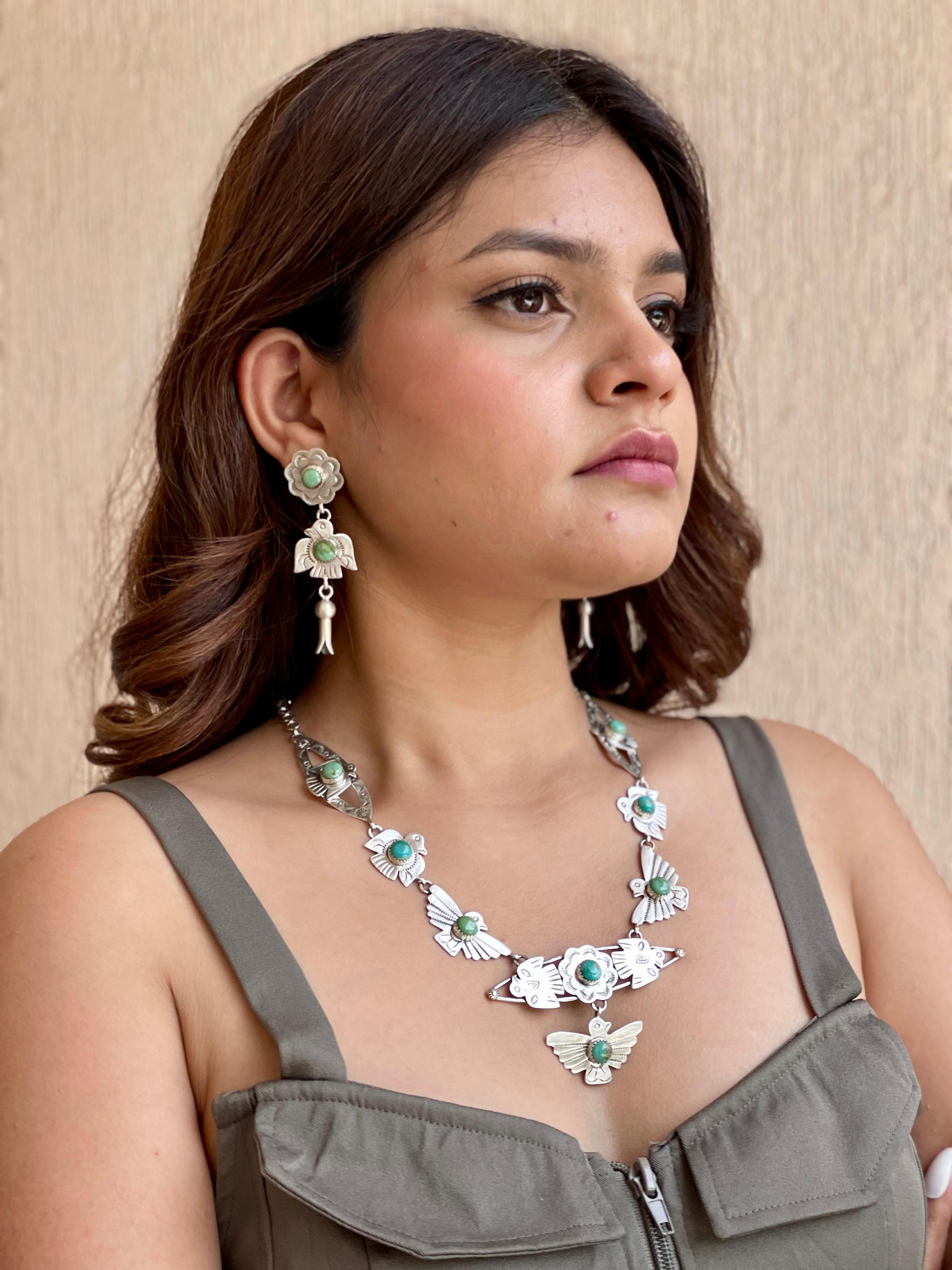 Handmade Sterling Silver Kingman Turquoise Necklace Earrings Set with Signed Nizhoni (1)