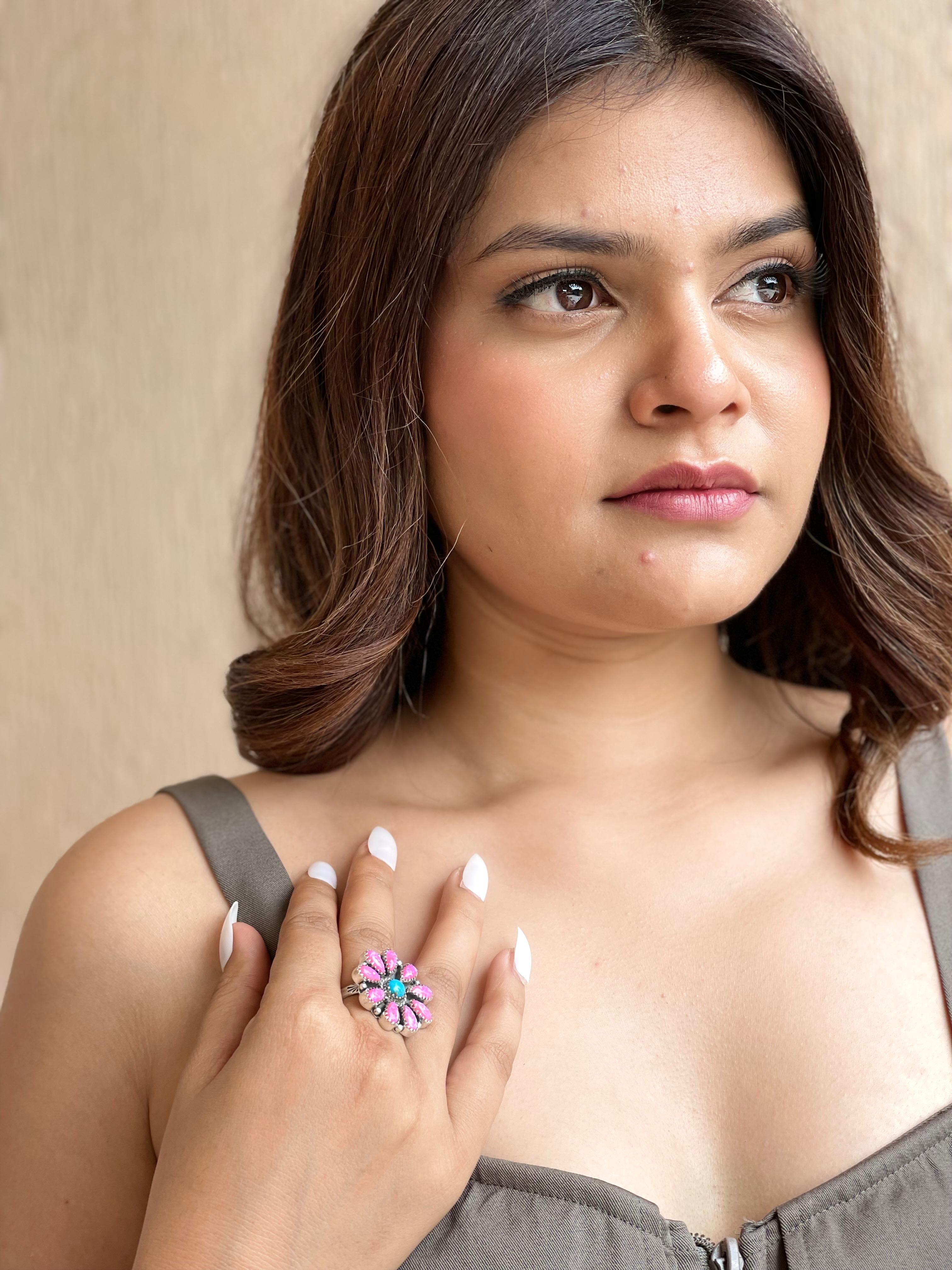 Handmade Sterling Silver Hot Pink with Kingman Turquoise Adjustable Cluster Flower Ring with Signed Nizhoni (6)