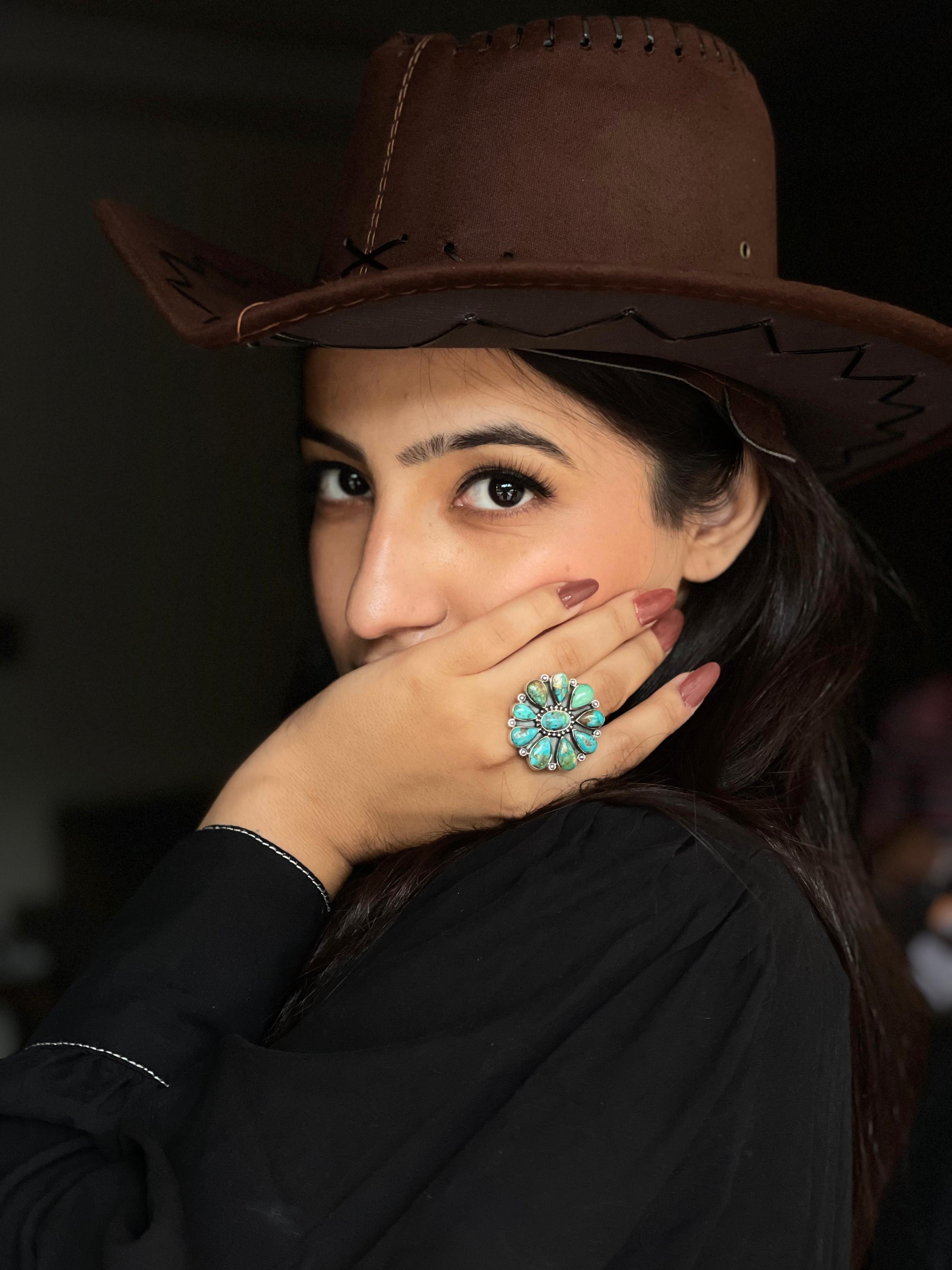 Handmade Sterling Silver South Hill Turquoise Adjustable Ring with Signed Nizhoni