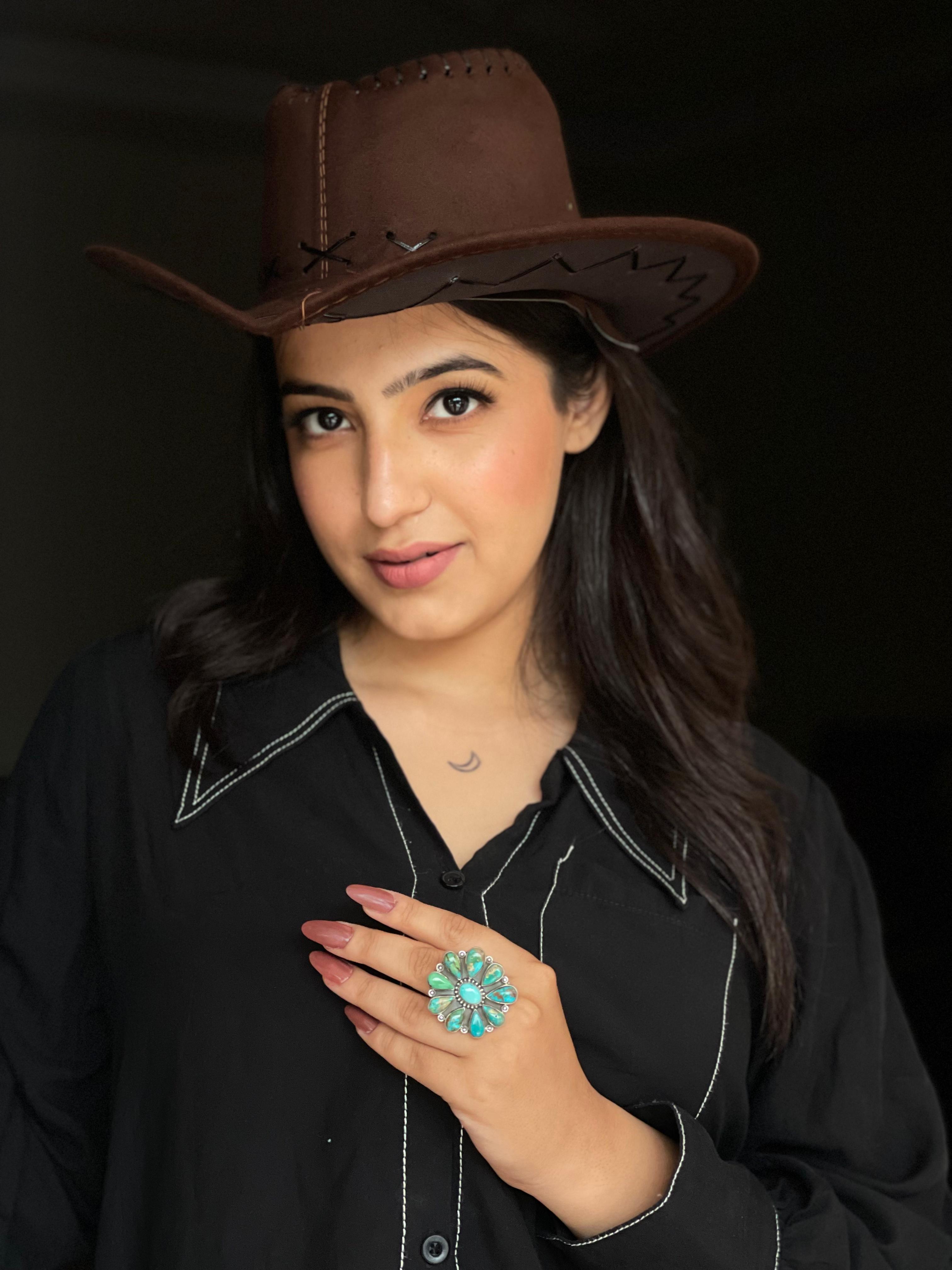 Handmade Sterling Silver South Hill Turquoise Adjustable Ring with Signed Nizhoni