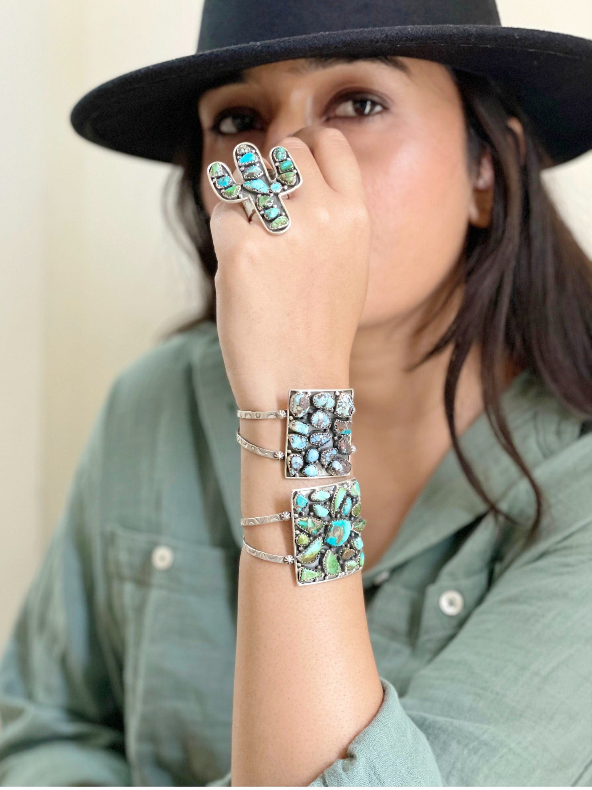 Handmade Sterling Silver Golden Hill, Sonoran Mountain Turquoise Rectangle Bracelet with Signed Nizhoni /