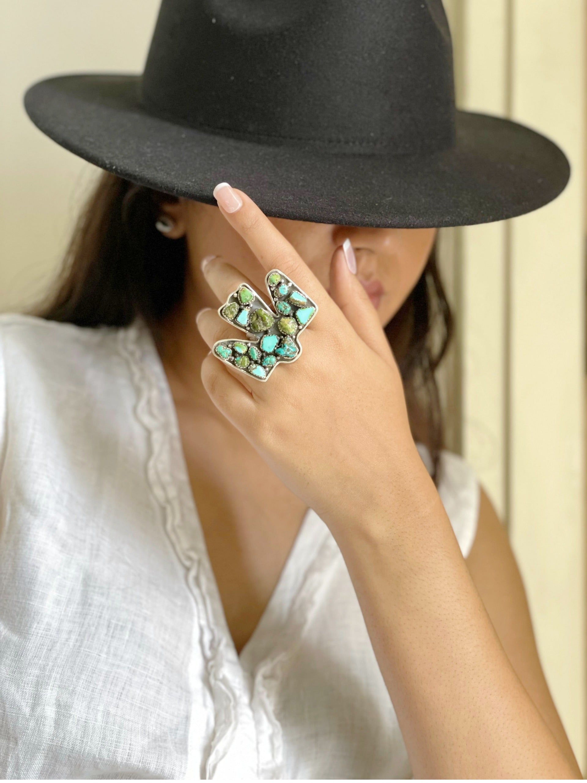 Handmade Sterling Silver Sonoran Mountain Turquoise Thunder Bird Adjustable Ring with Signed Nizhoni
