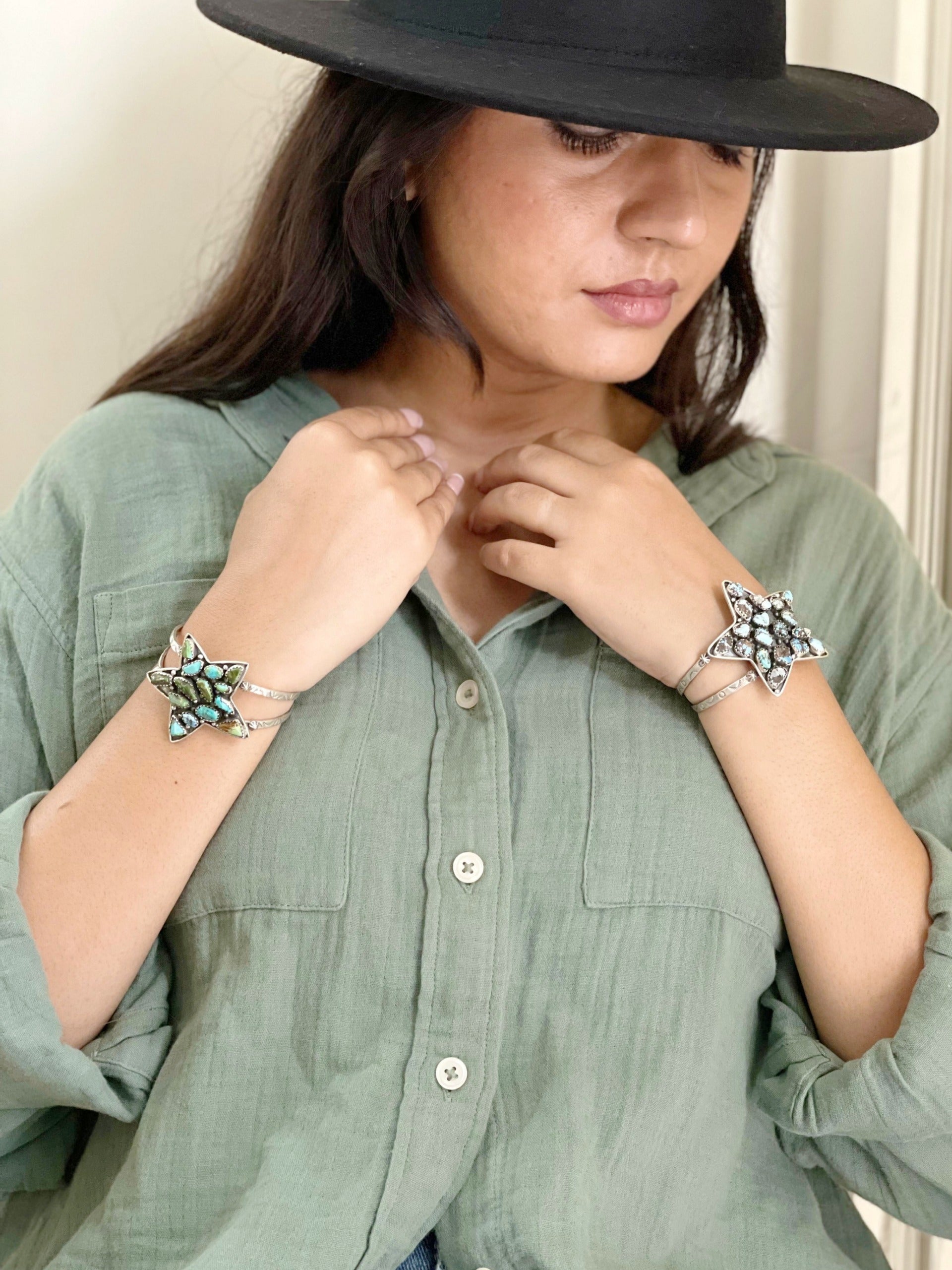 Handmade Sterling Silver Golden Hill, Sonoran Mountain Turquoise Star Bracelet with Signed Nizhoni /