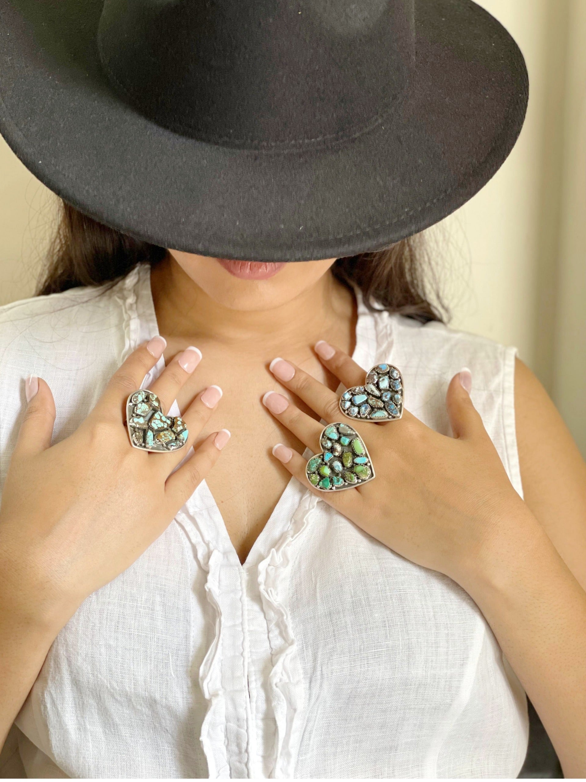 Handmade Sterling Silver Golden Hills, Number 8, Sonoran Mountain Turquoise Heart Adjustable Ring with Signed Nizhoni