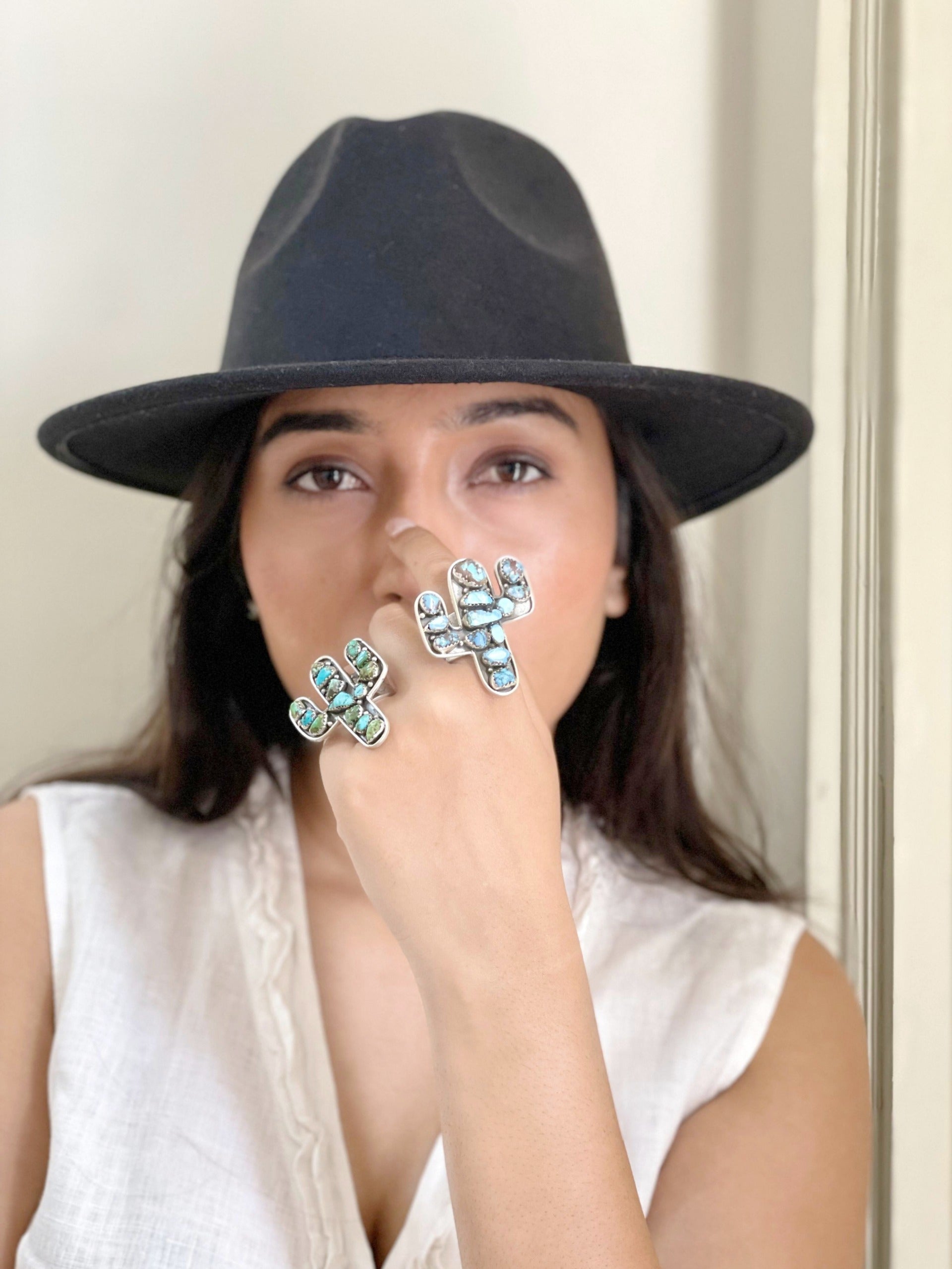 Handmade Sterling Silver Golden Hills, Sonoran Mountain Turquoise Cactus Adjustable Ring with Signed Nizhoni