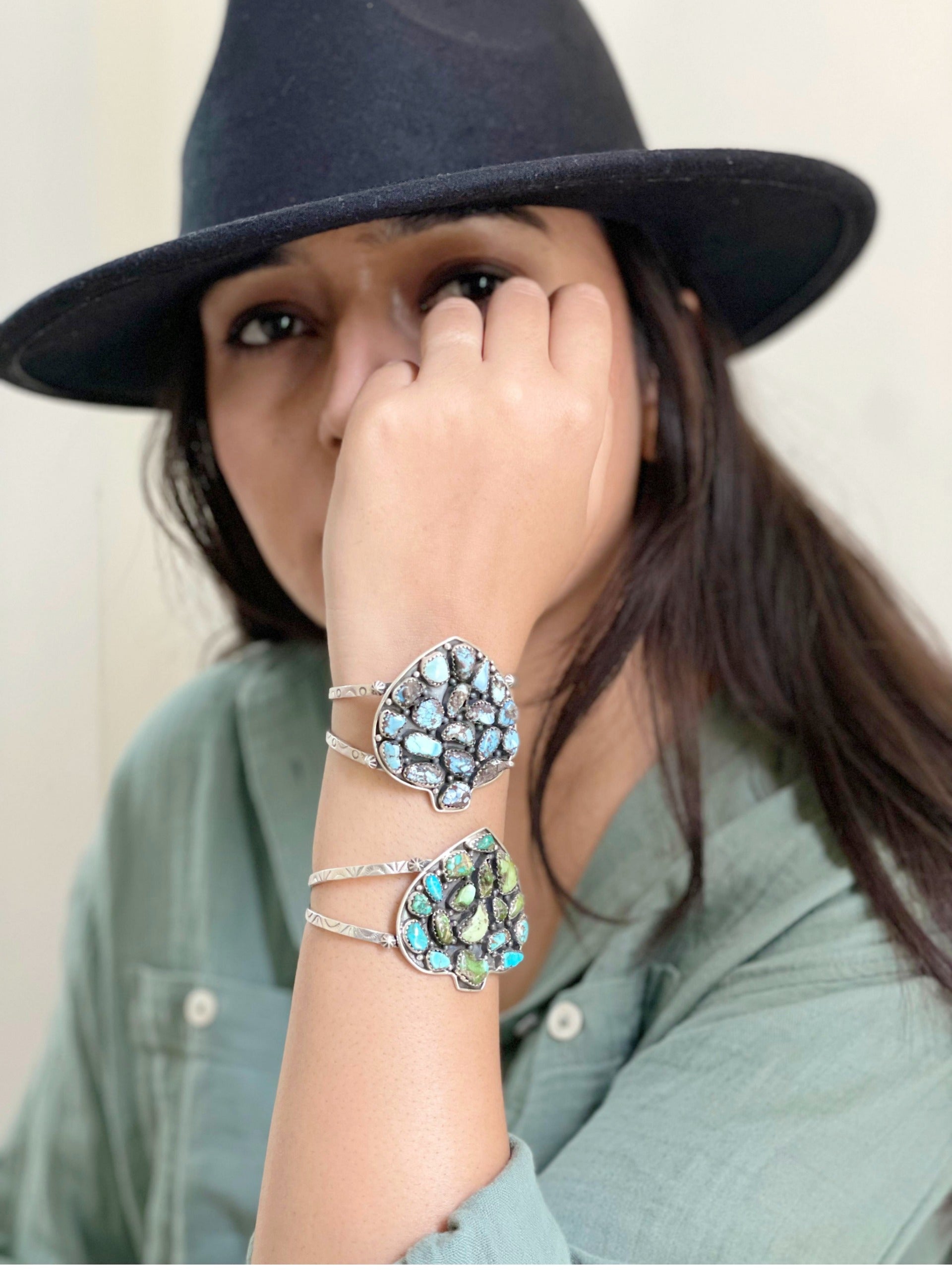 Handmade Sterling Silver Golden Hill, Sonoran Mountain Turquoise Spade Bracelet with Signed Nizhoni /