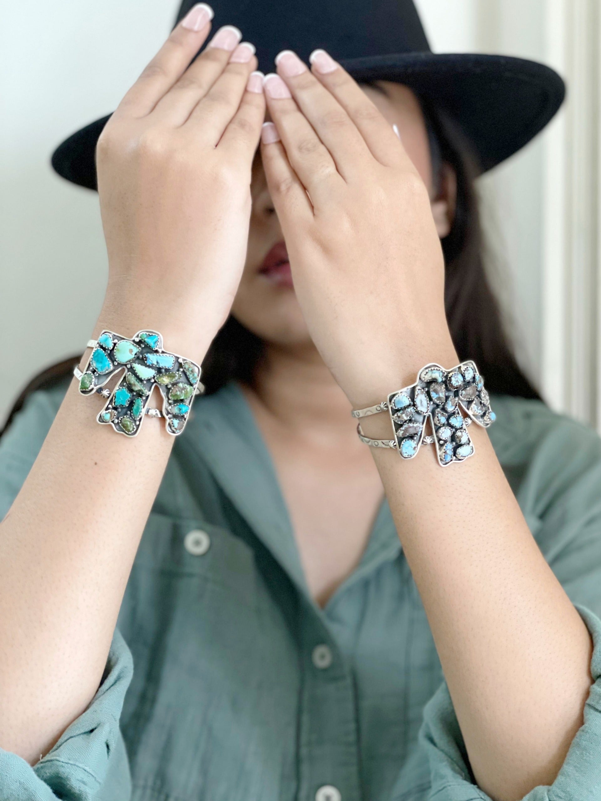 Handmade Sterling Silver Golden Hill, Sonoran Mountain Turquoise Thunder Bird Bracelet with Signed Nizhoni /
