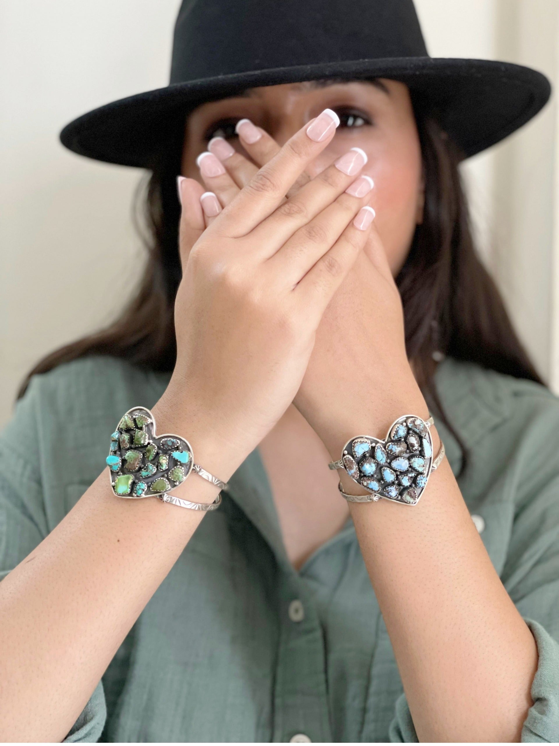 Handmade Sterling Silver Golden Hill, Sonoran Mountain Turquoise Heart Bracelet with Signed Nizhoni /