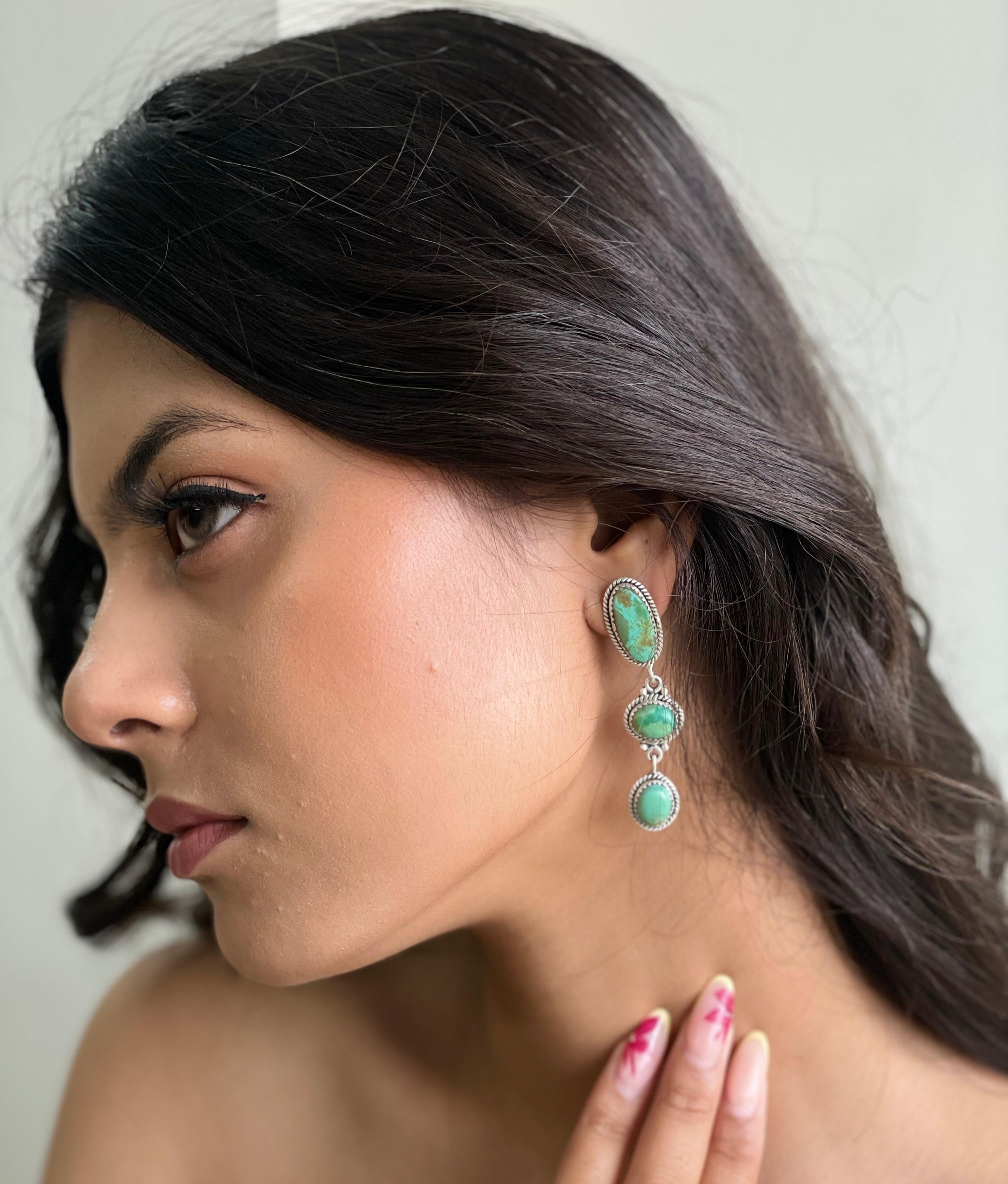 Handmade Sterling Silver Kingman Turquoise Post Dangle Earrings with Signed Nizhoni