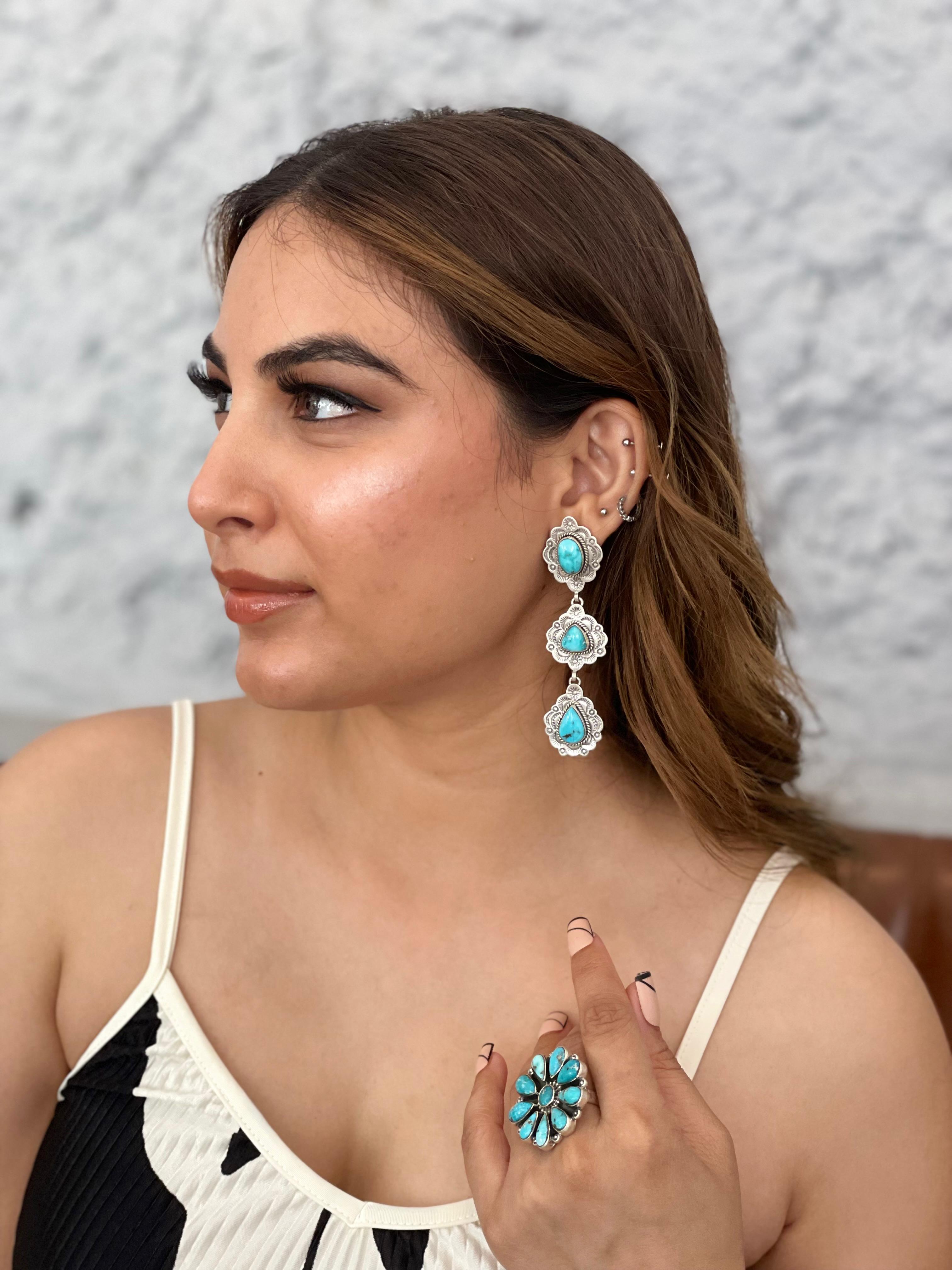 Handmade Sterling Silver White Water Turquoise Dangle Earrings with Signed Nizhoni