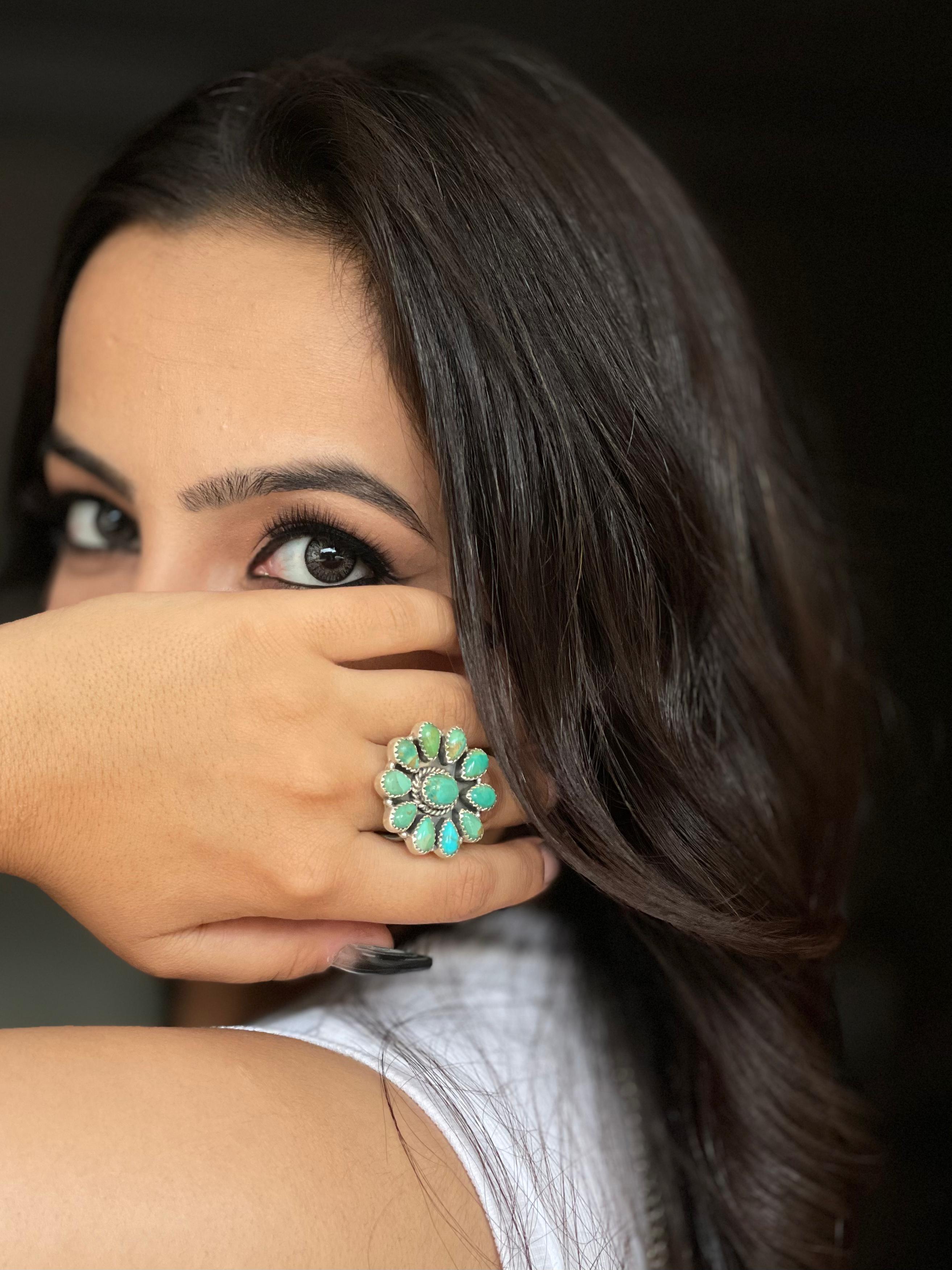 Handmade Sterling Silver Kingman Turquoise Adjustable Ring with Signed Nizhoni