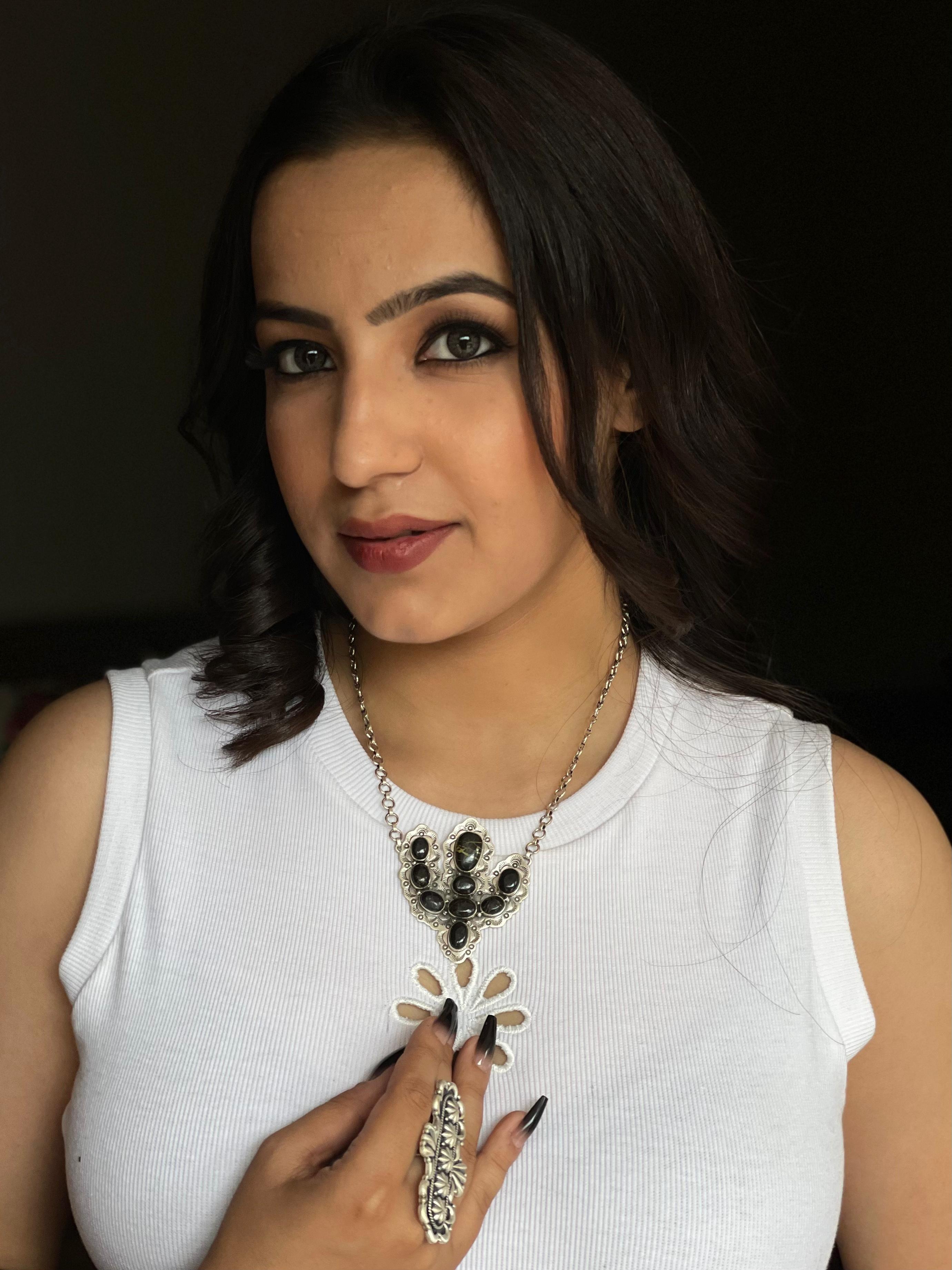 Handmade Sterling Silver Blackjack Turquoise Cactus Necklace with Signed Nizhoni