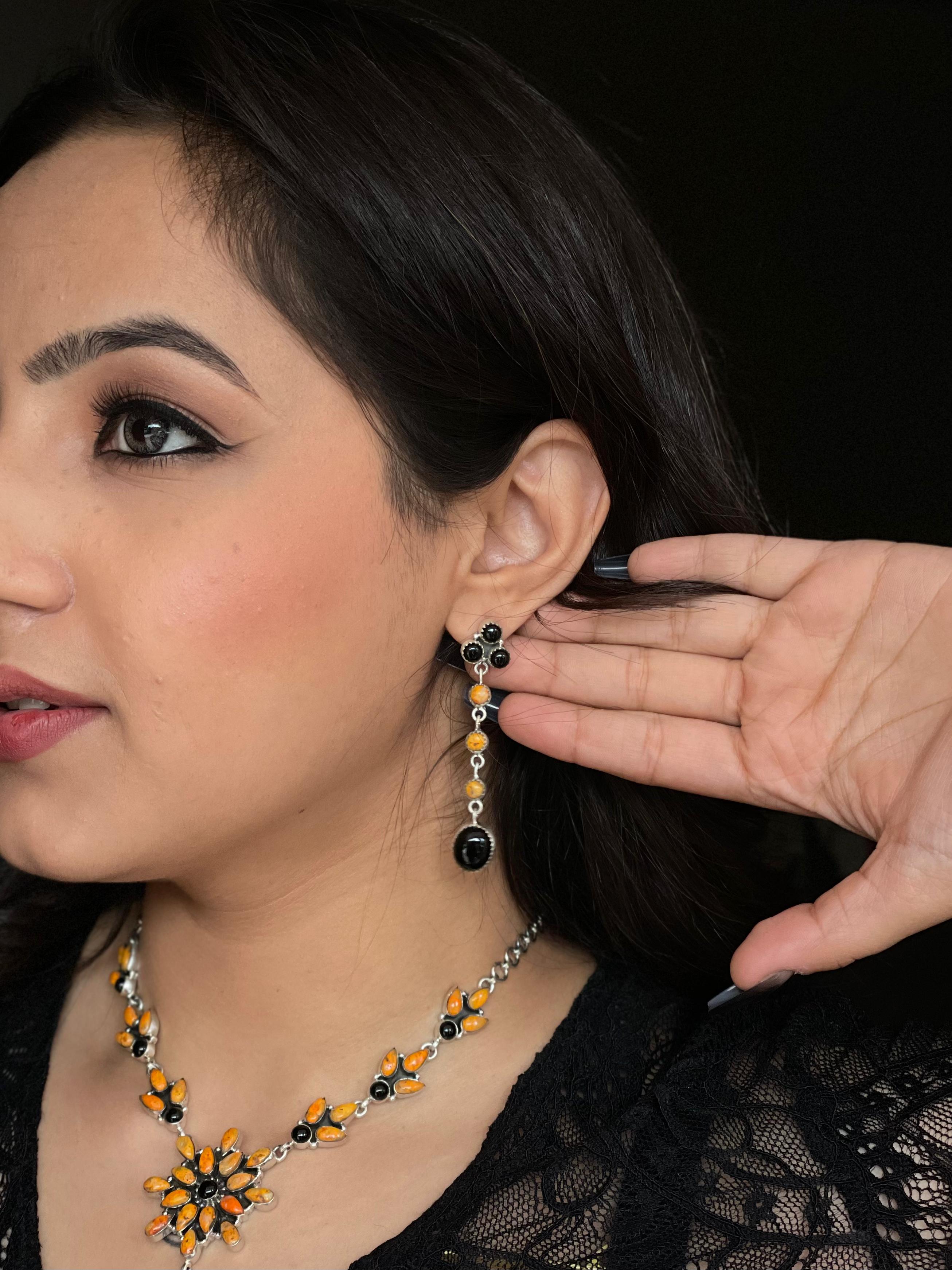 Handmade Sterling Silver Black Onyx, Bumblebee Post Dangle Earrings with Signed Nizhoni