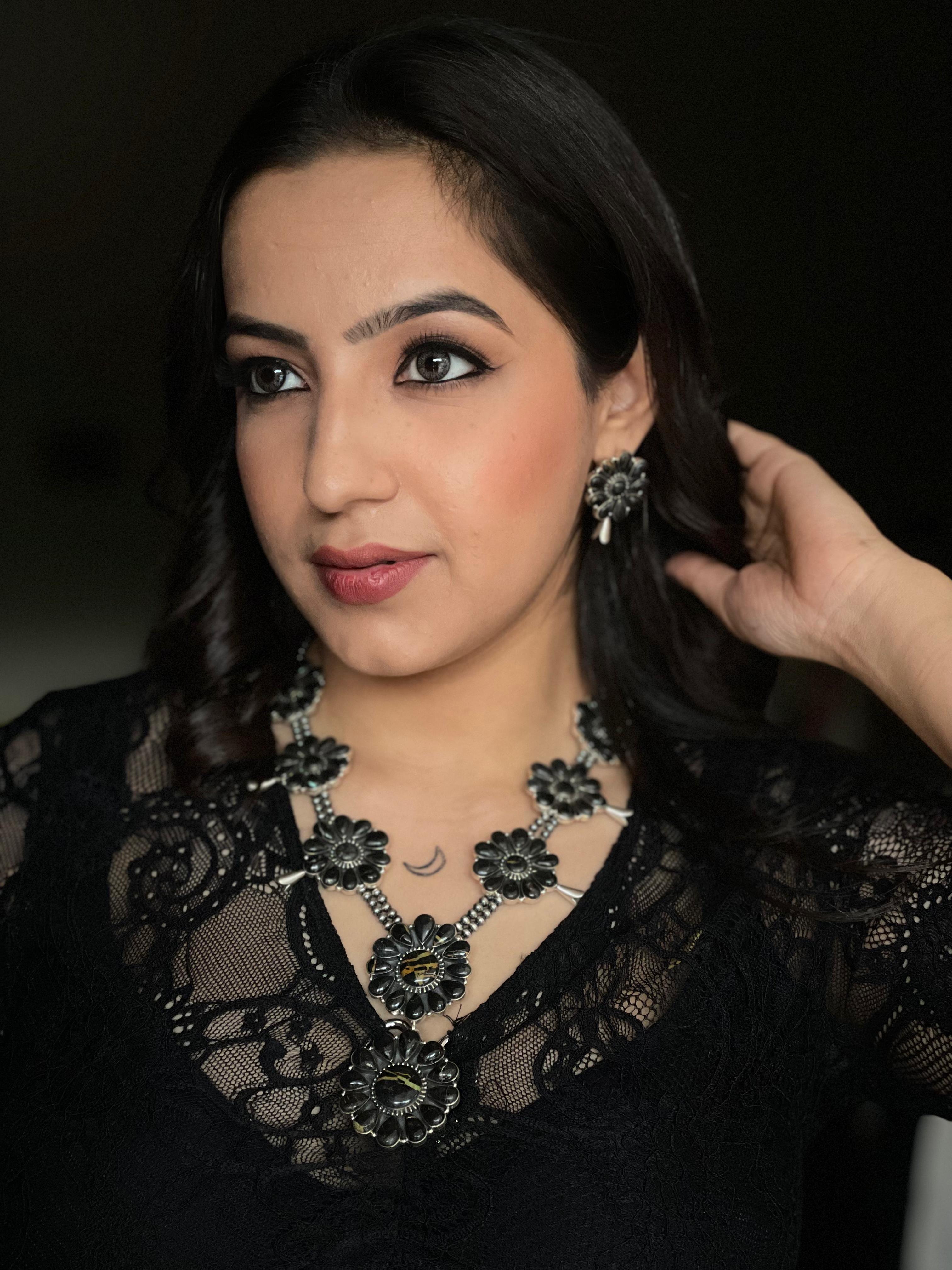 Handmade Sterling Silver Blackjack Turquoise Beaded Blossom Necklace Earrings Set with Signed Nizhoni