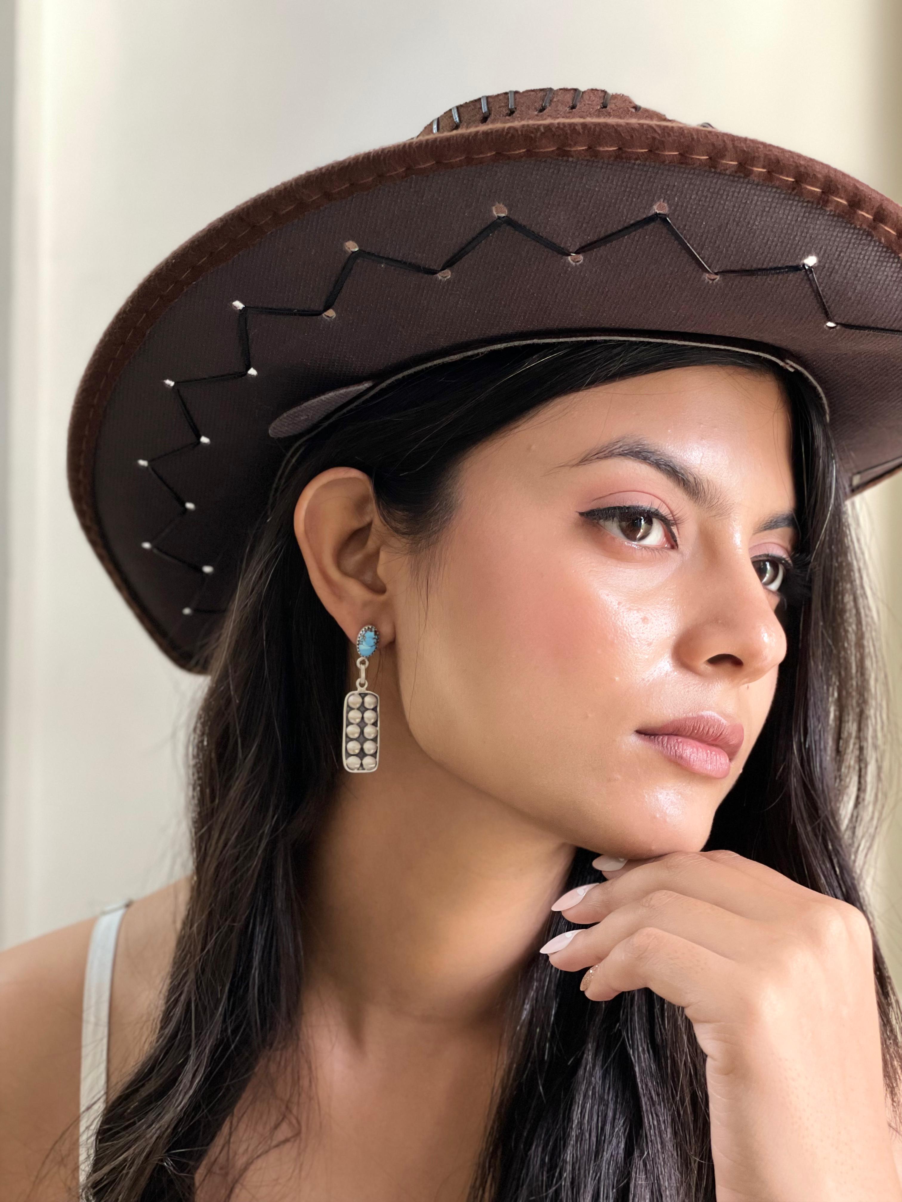 Handmade Sterling Silver Golden Hills Turquoise Post Dangle Earrings with Signed Nizhoni