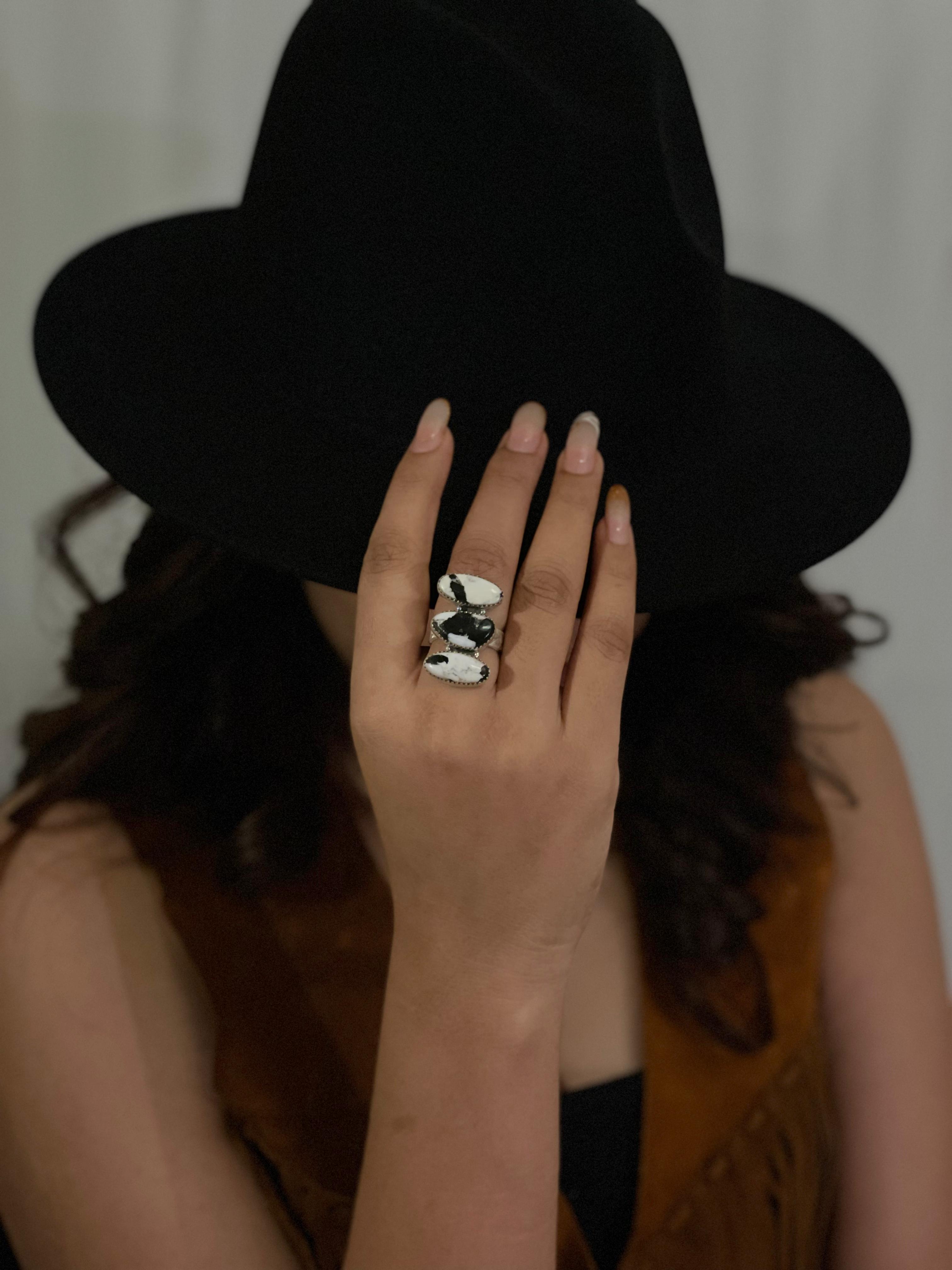 Handmade Sterling Silver White Buffalo Adjustable Ring, Signed Nizhoni