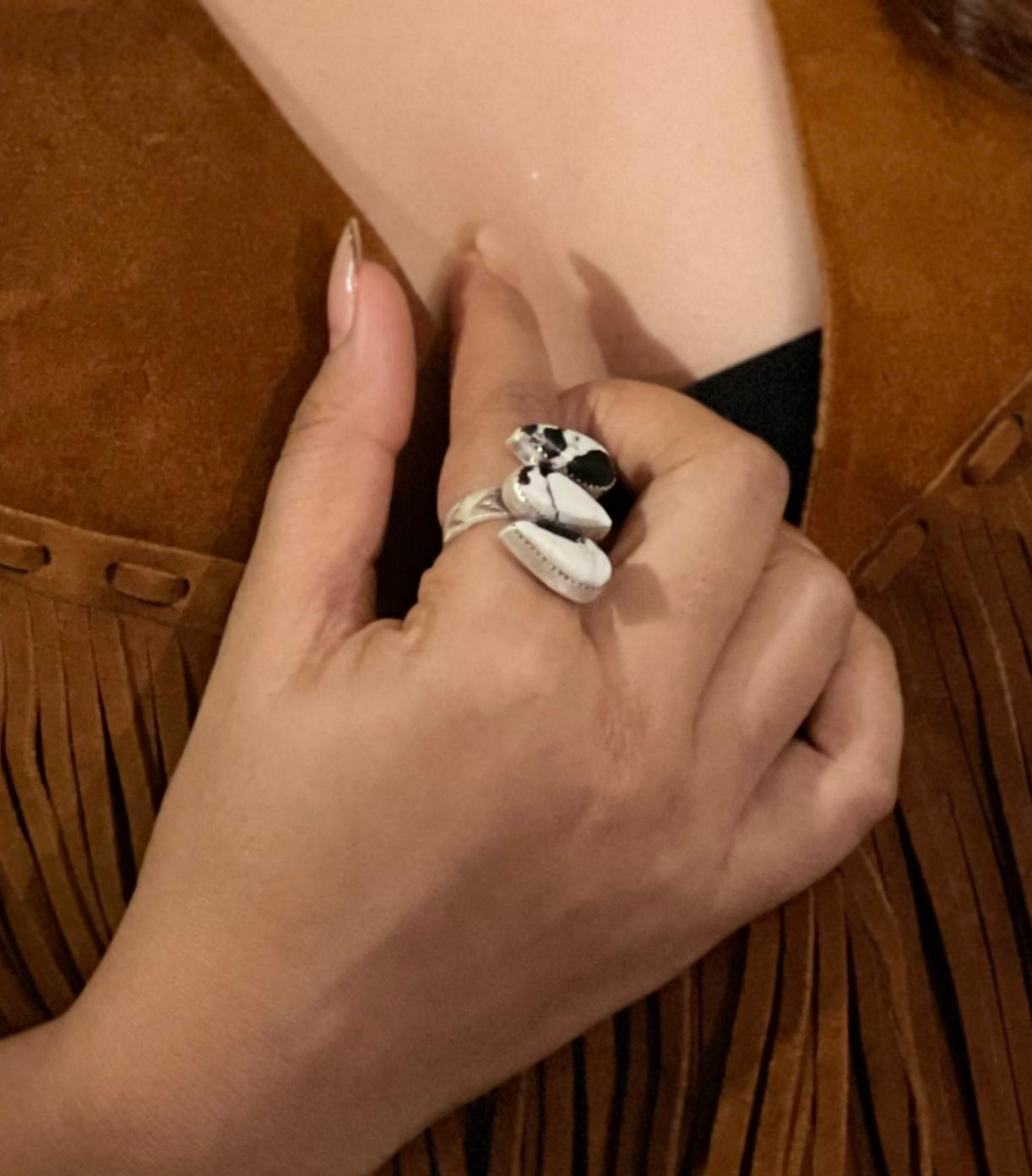 Handmade Sterling Silver White Buffalo Adjustable Ring, Signed Nizhoni