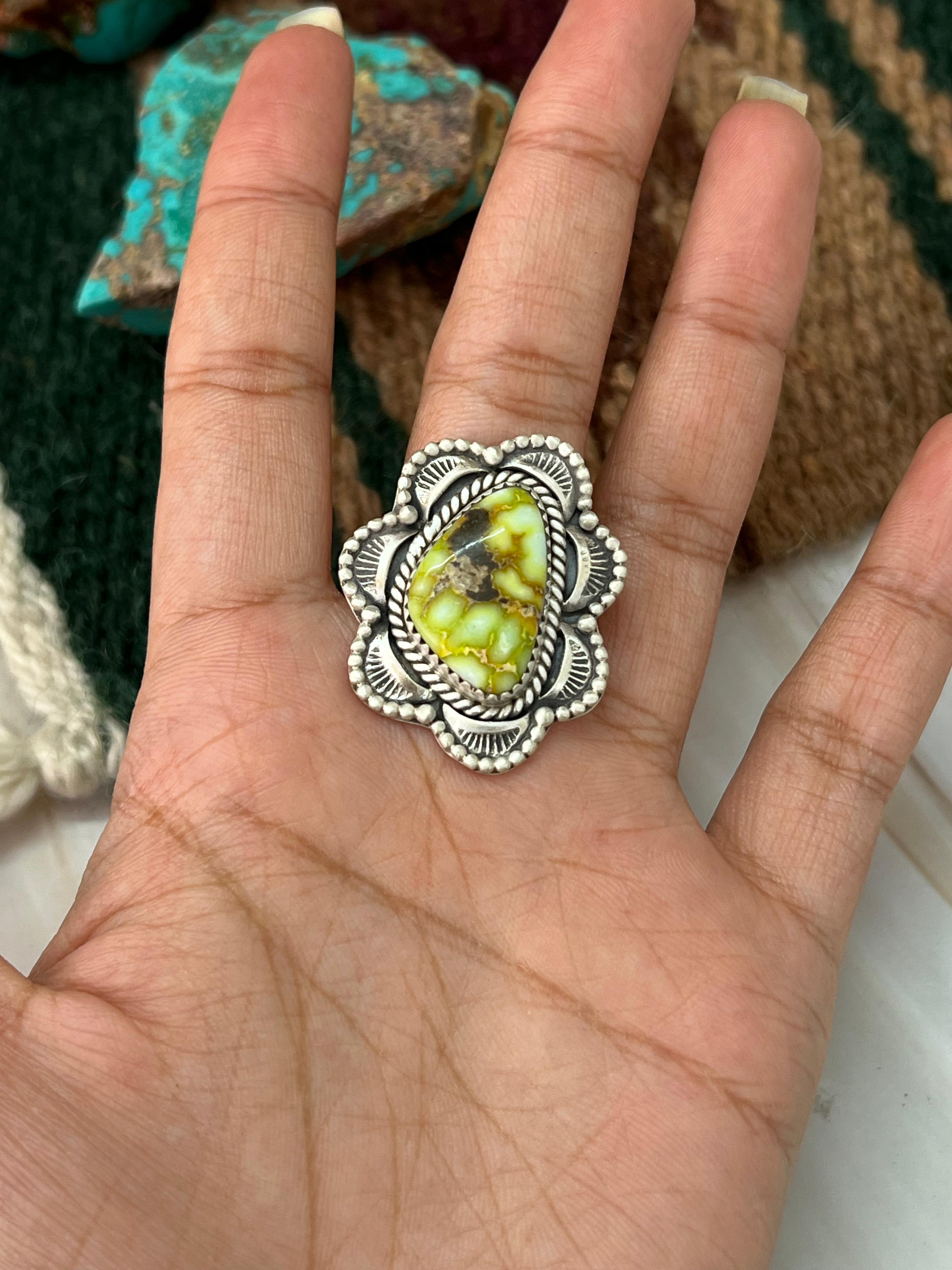 Handmade Sterling Silver Palomino Turquoise Adjustable Ring with Signed Nizhoni