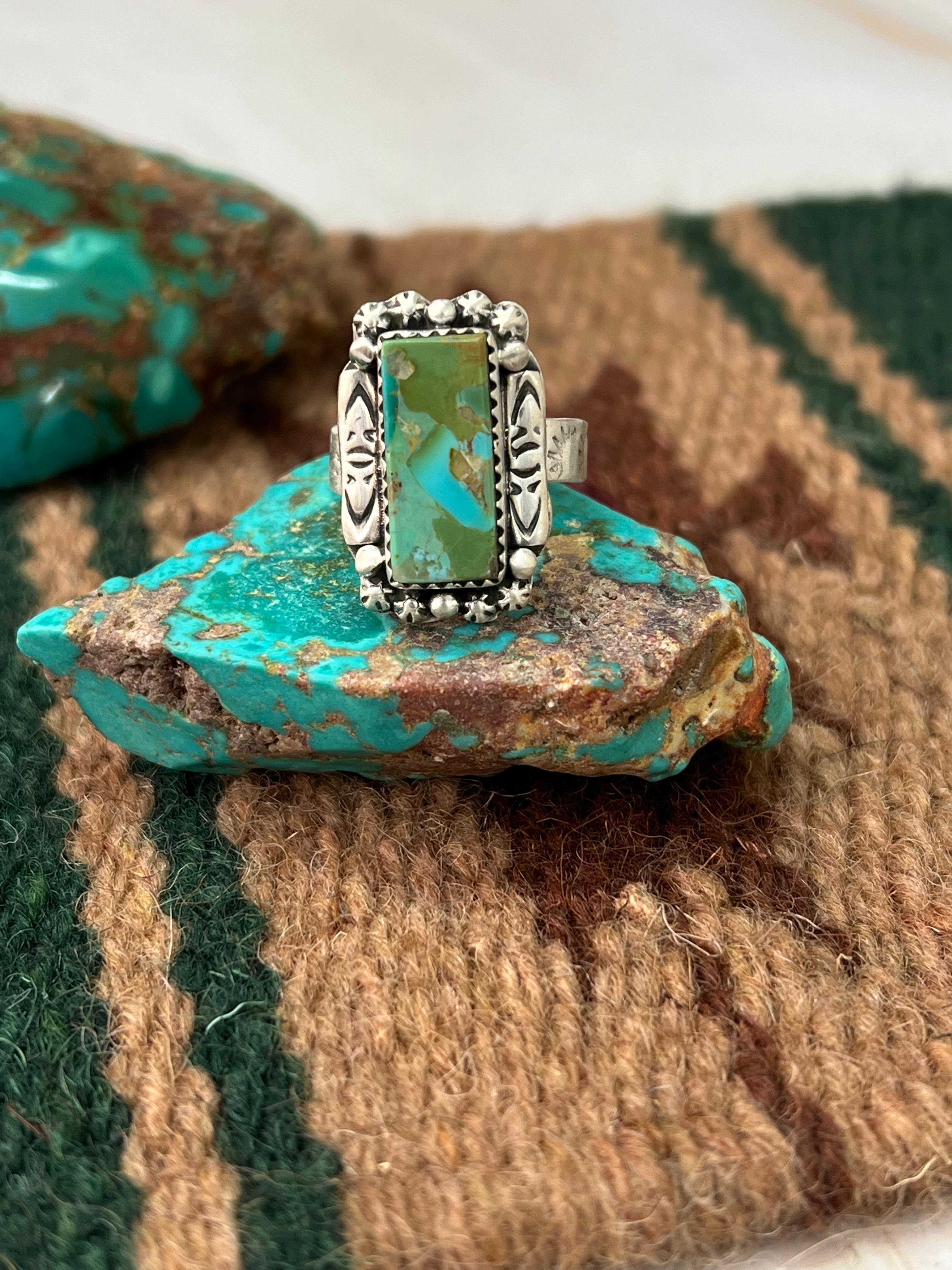 Handmade Sterling Silver Kingman Turquoise Adjustable Ring with Signed Nizhoni