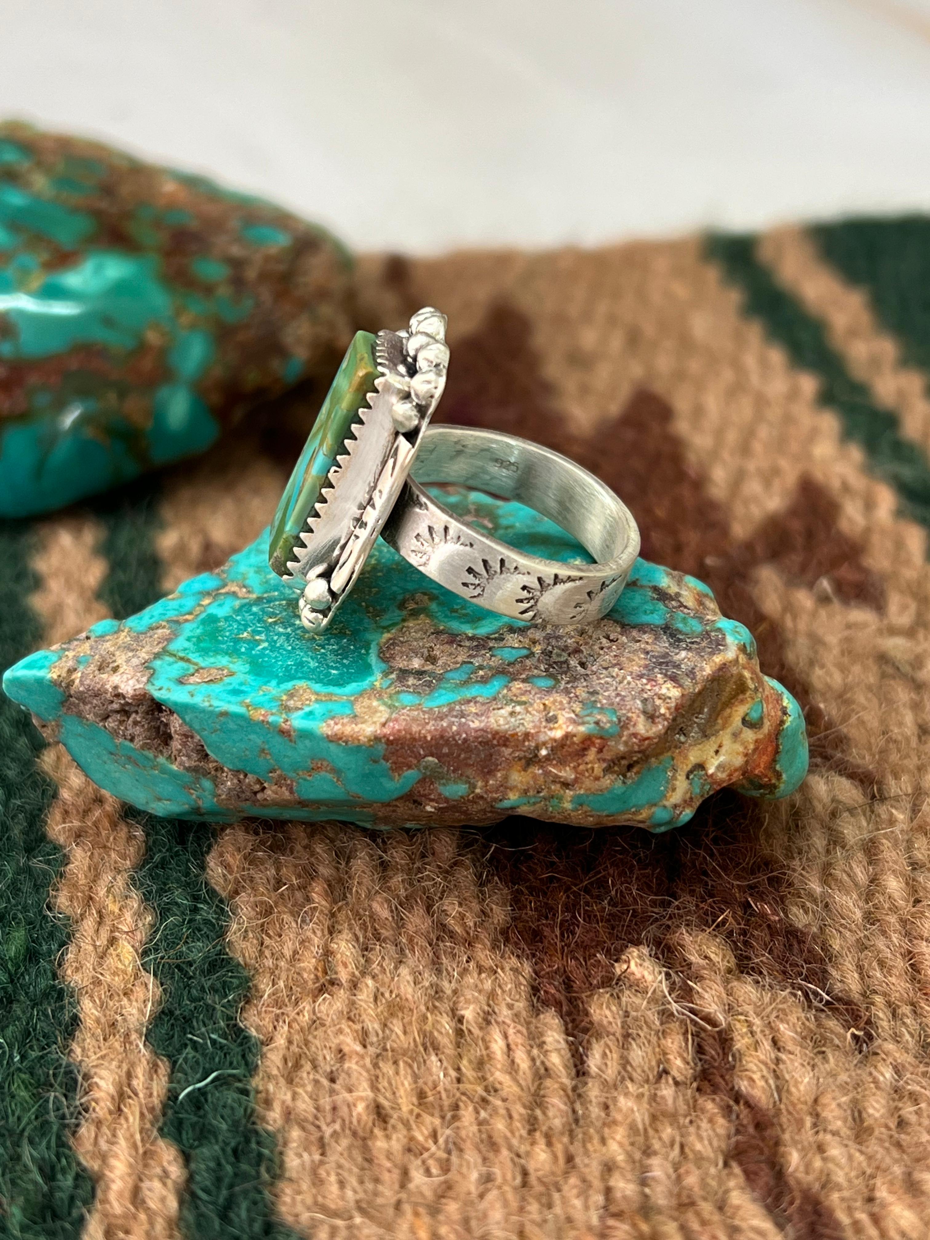 Handmade Sterling Silver Kingman Turquoise Adjustable Ring with Signed Nizhoni