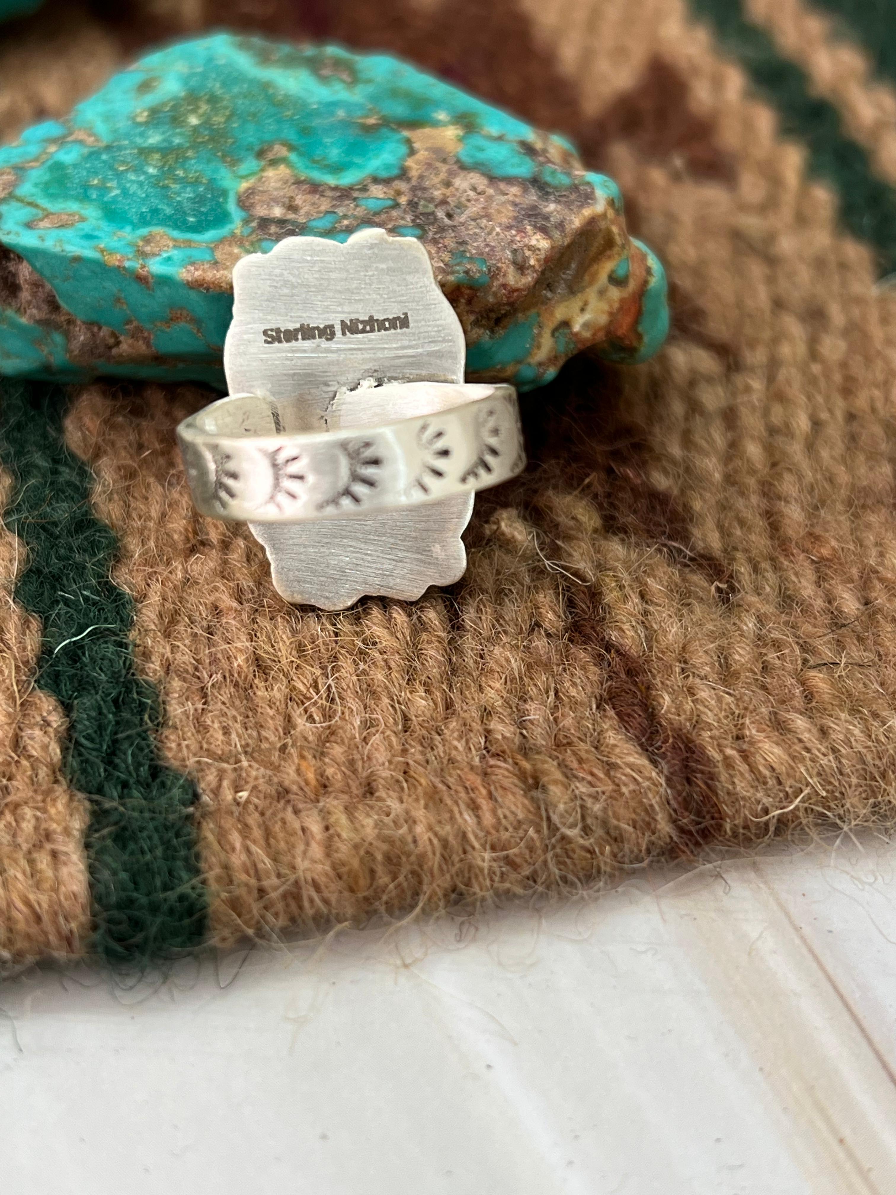 Handmade Sterling Silver Kingman Turquoise Adjustable Ring with Signed Nizhoni