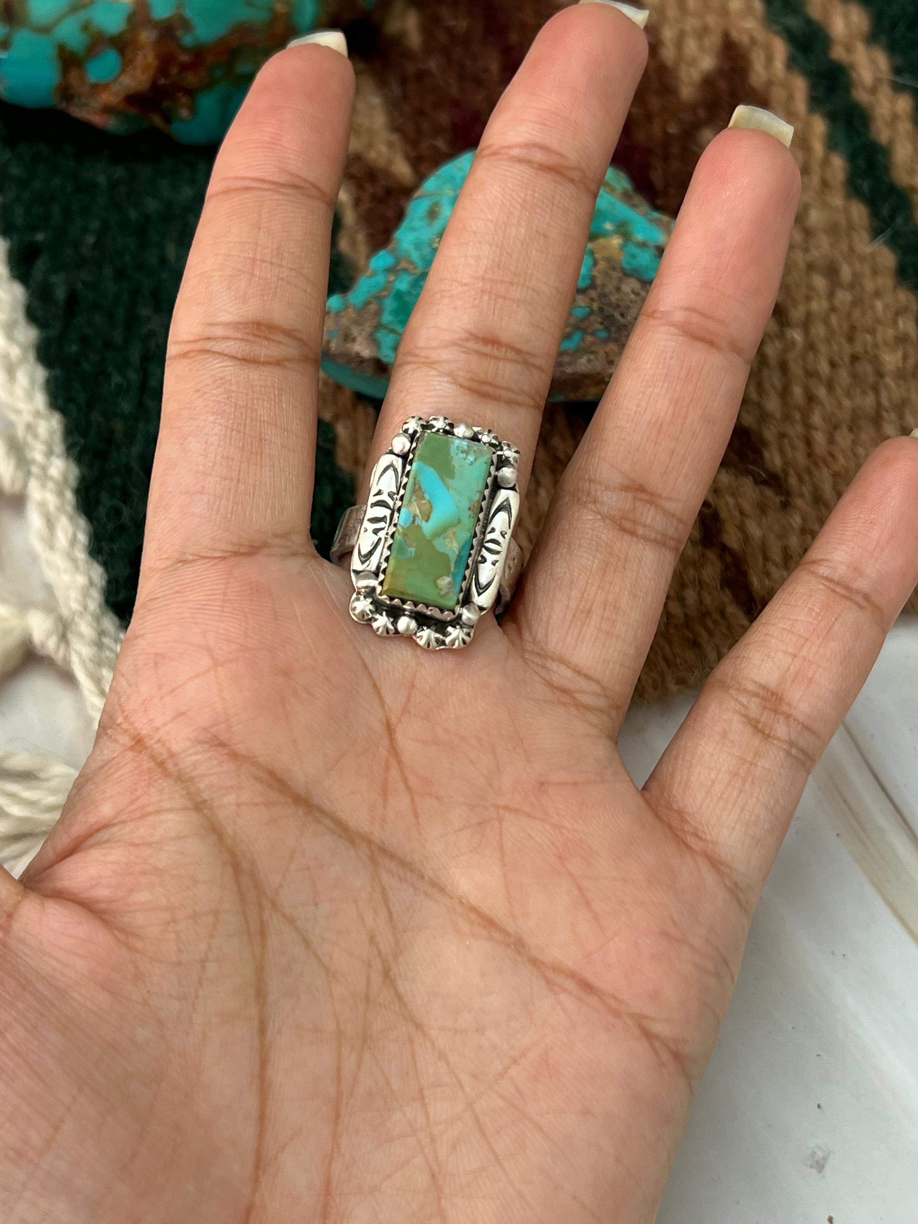 Handmade Sterling Silver Kingman Turquoise Adjustable Ring with Signed Nizhoni