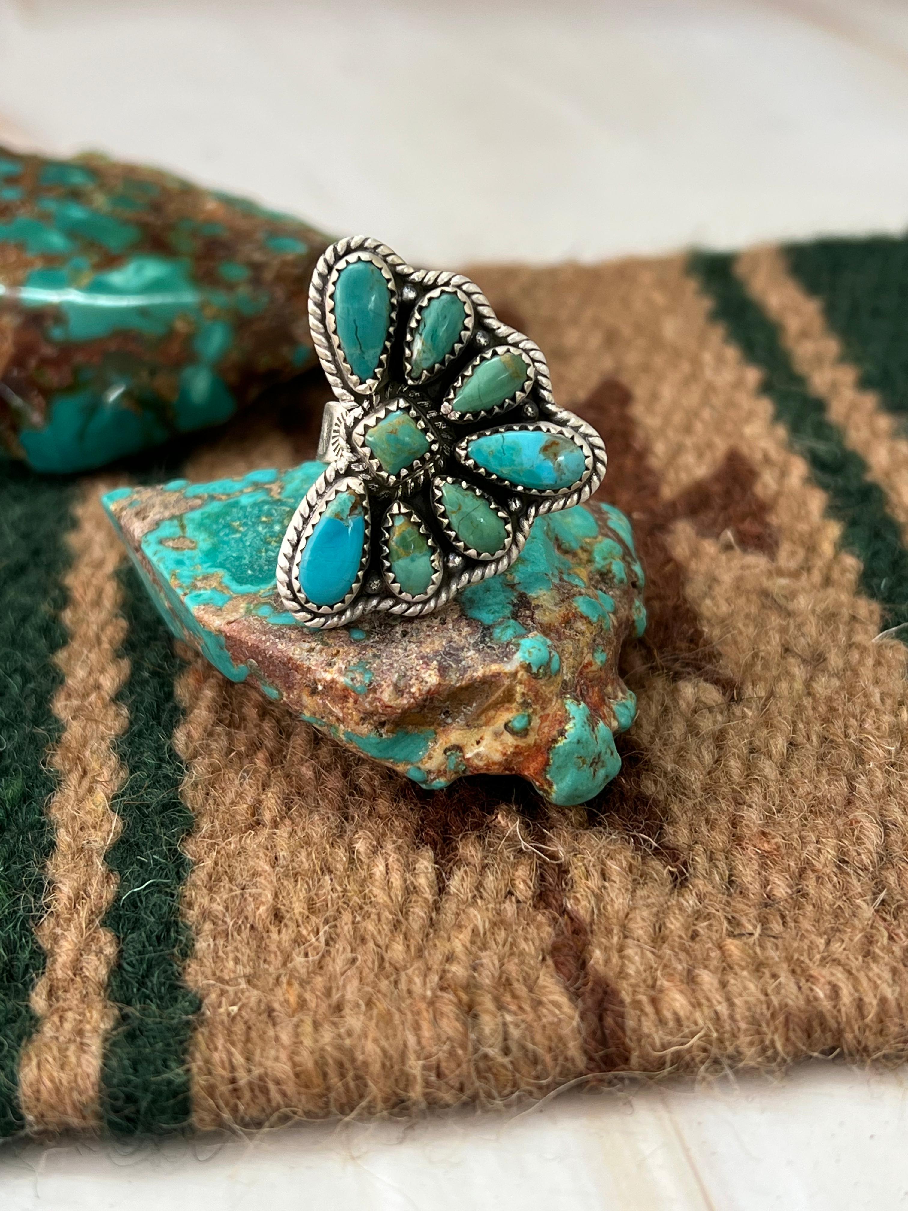 Handmade Sterling Silver Kingman Turquoise Adjustable Ring with Signed Nizhoni
