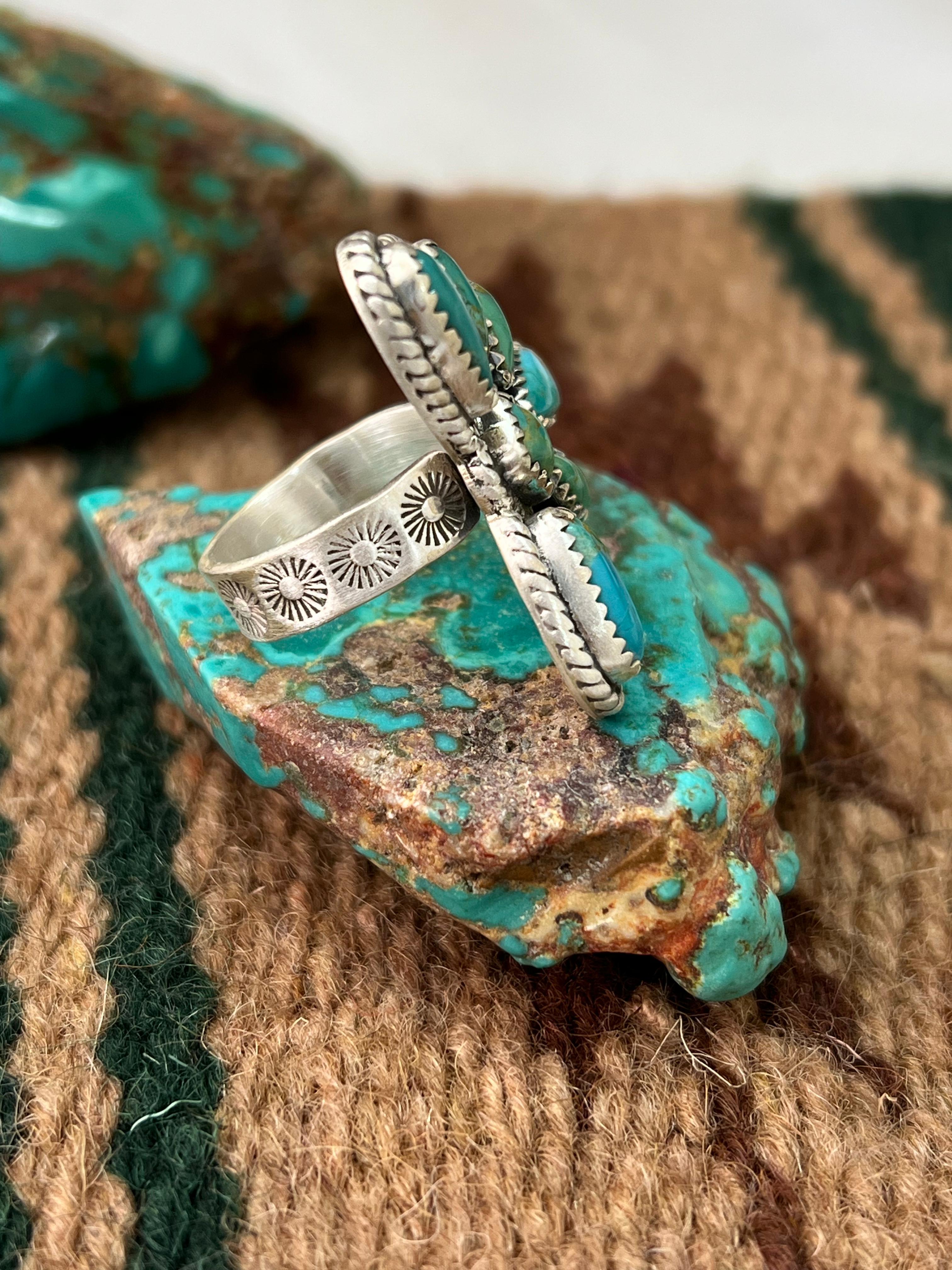 Handmade Sterling Silver Kingman Turquoise Adjustable Ring with Signed Nizhoni