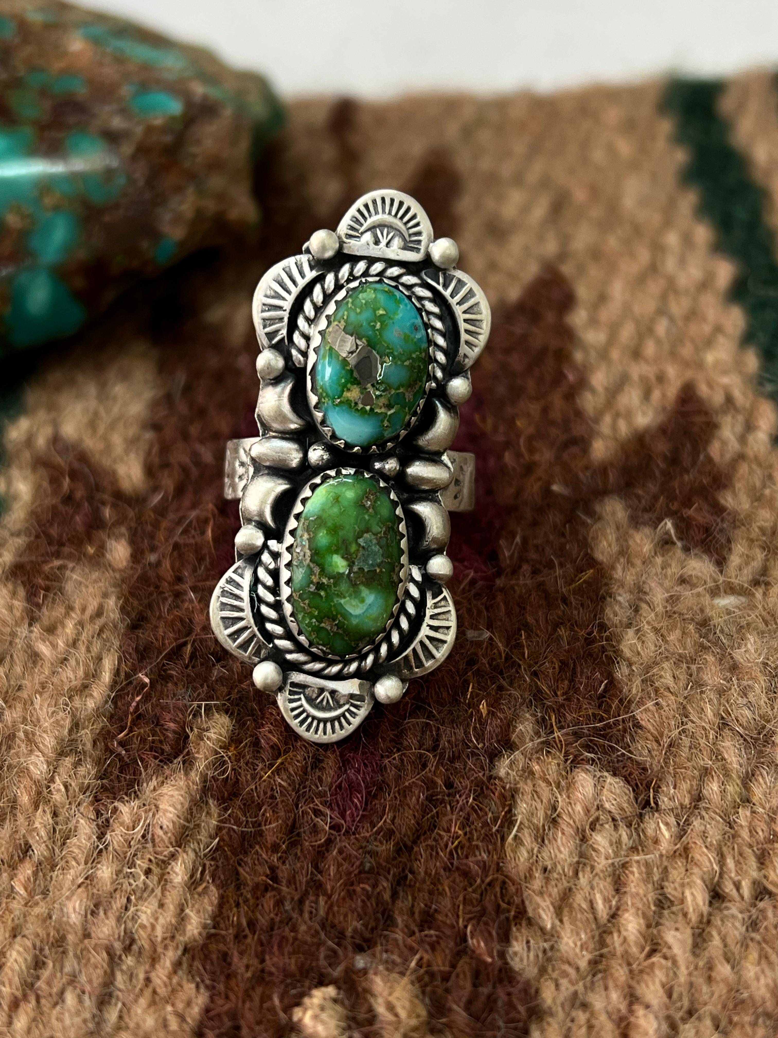 Handmade Sterling Silver Sonoran Mountain Turquoise Adjustable Ring with Signed Nizhoni