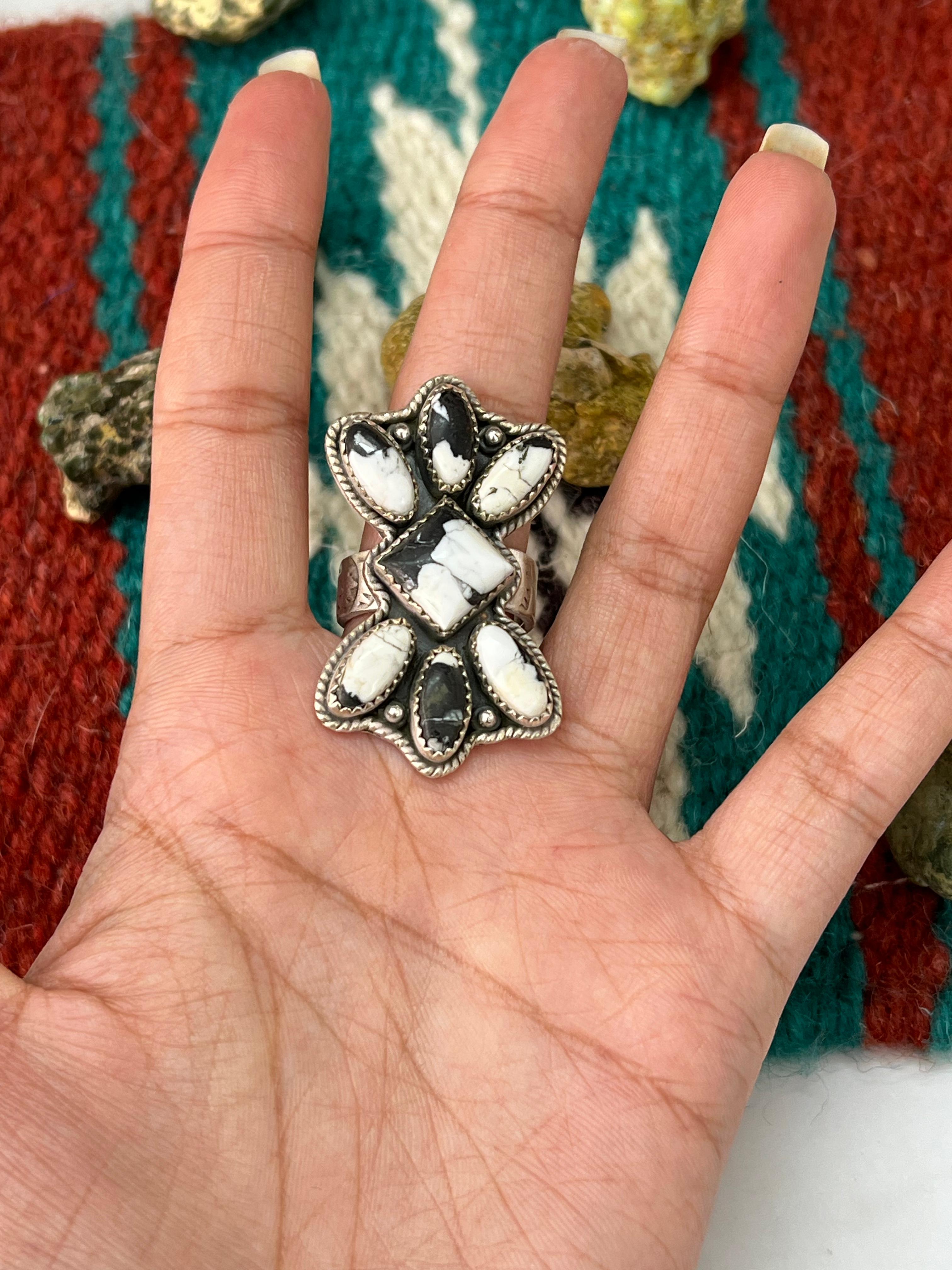 Handmade Sterling Silver White Buffalo Adjustable Ring with Signed Nizhoni