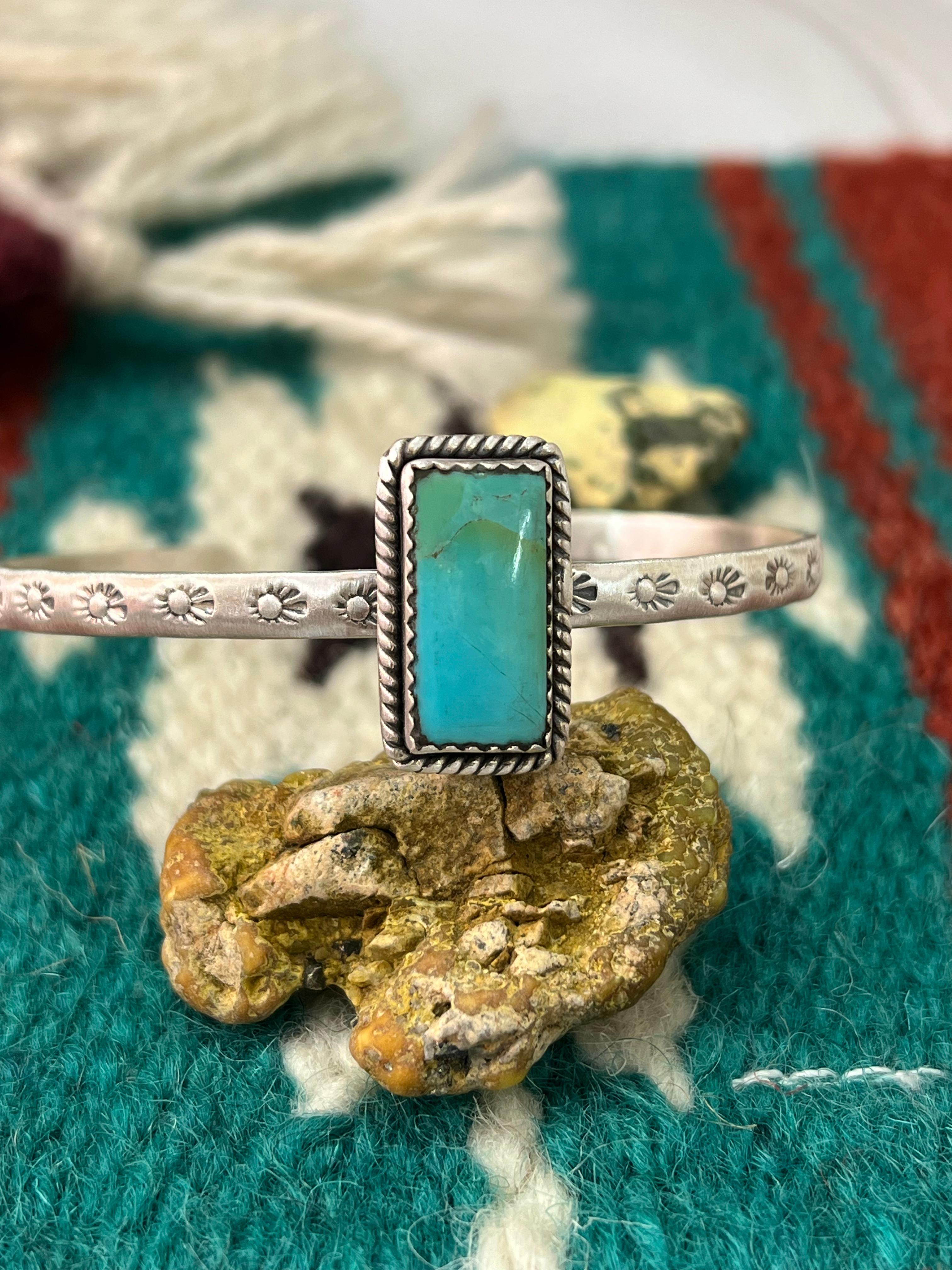 Handmade Sterling Silver Kingman Turquoise Bracelet with Signed Nizhoni