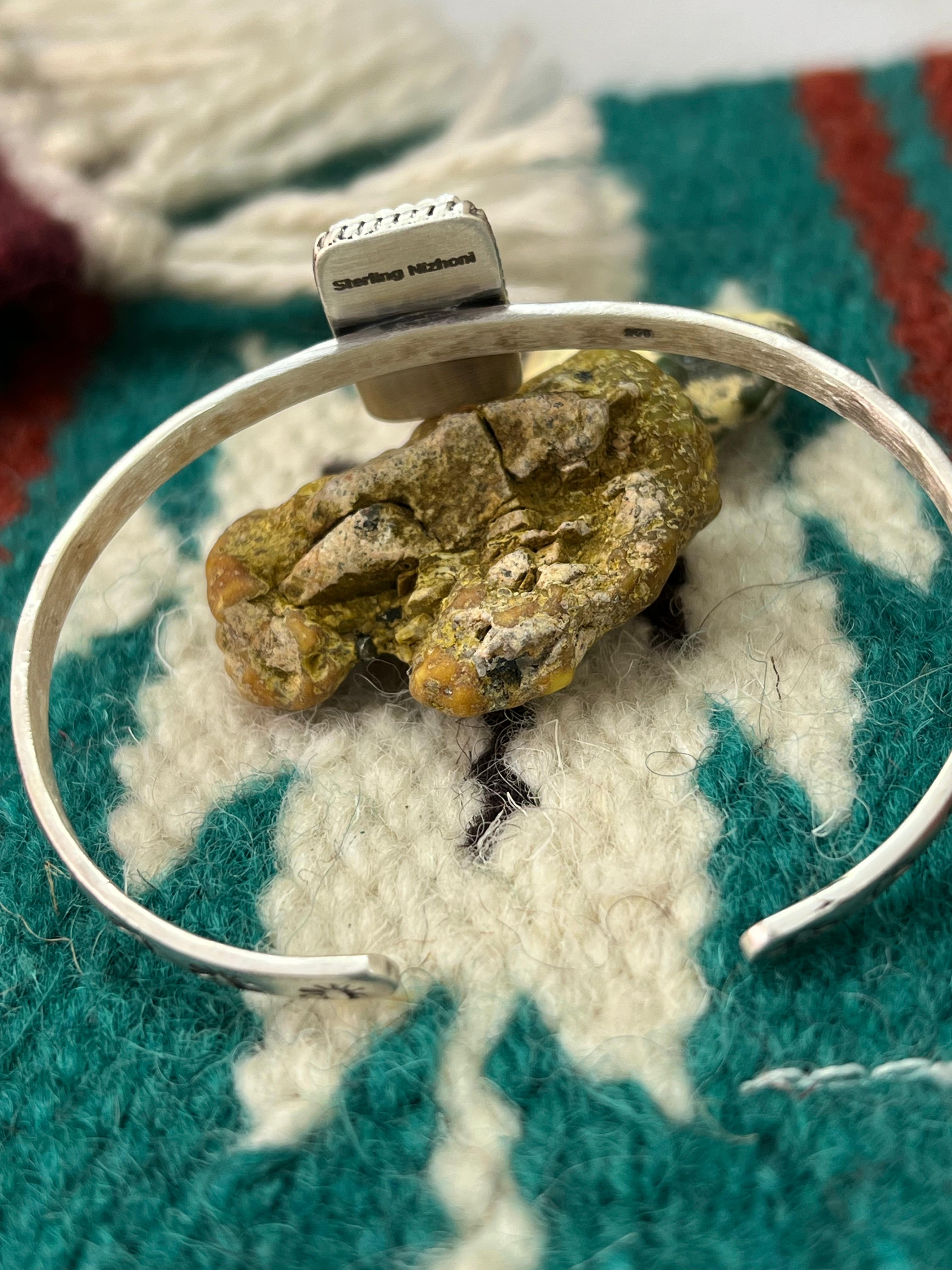 Handmade Sterling Silver Kingman Turquoise Bracelet with Signed Nizhoni