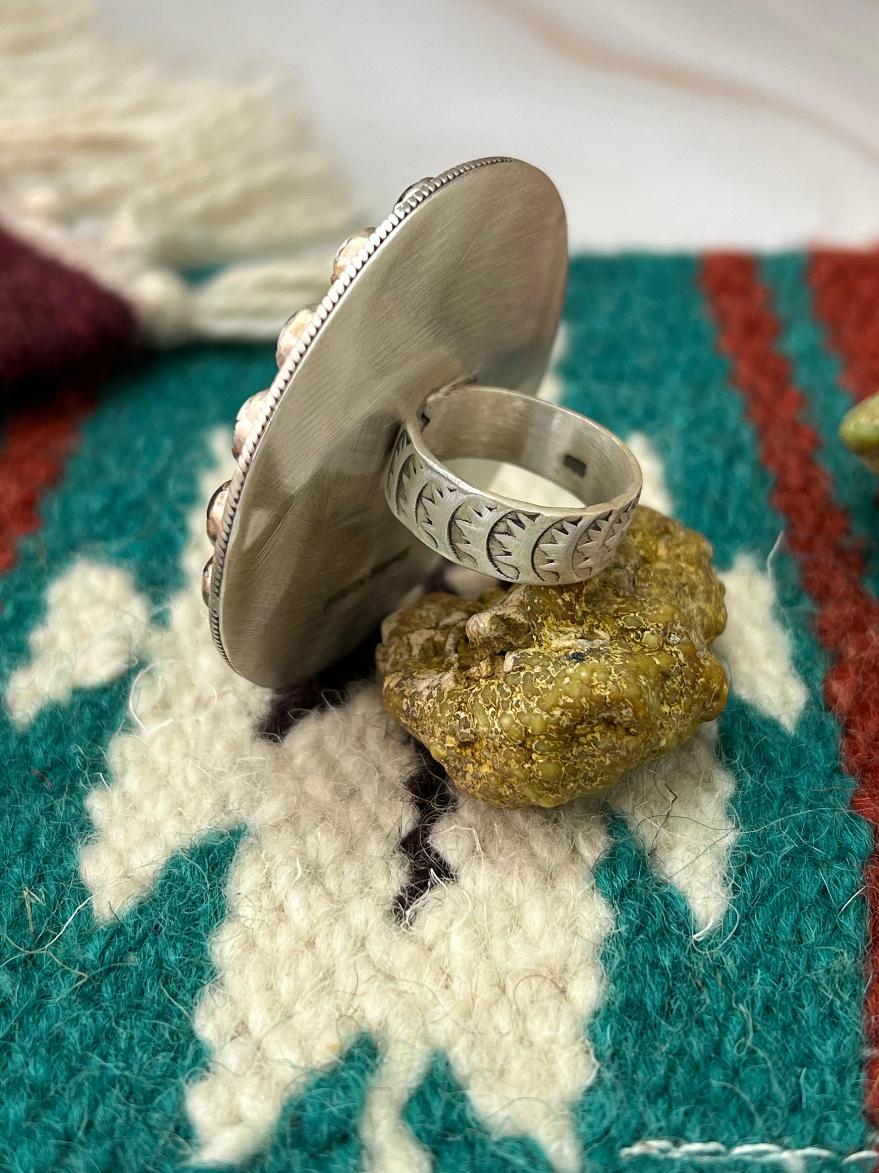 Handmade Sterling Silver White Buffalo Adjustable Ring with Signed Nizhoni