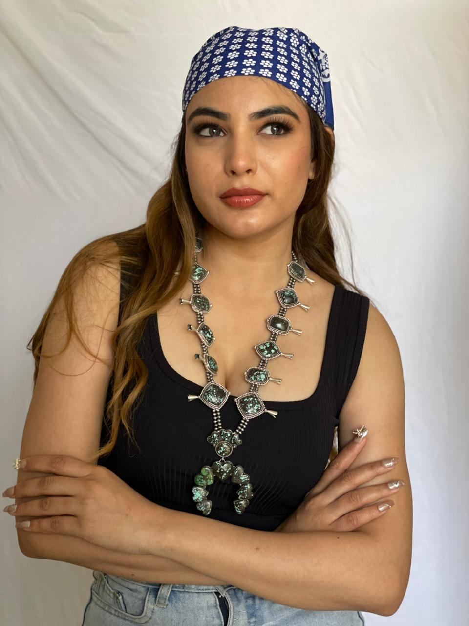 Handmade Sterling Silver Lander Turquoise Squash Blossom Beaded Necklace with Signed Nizhoni