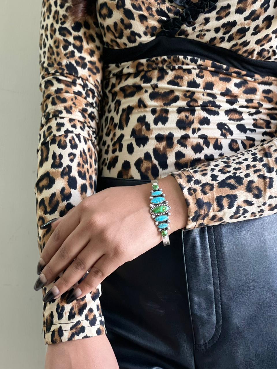 Handmade Sterling Silver Sonoran Mountain Turquoise with White Water Bracelet with Signed Nizhoni