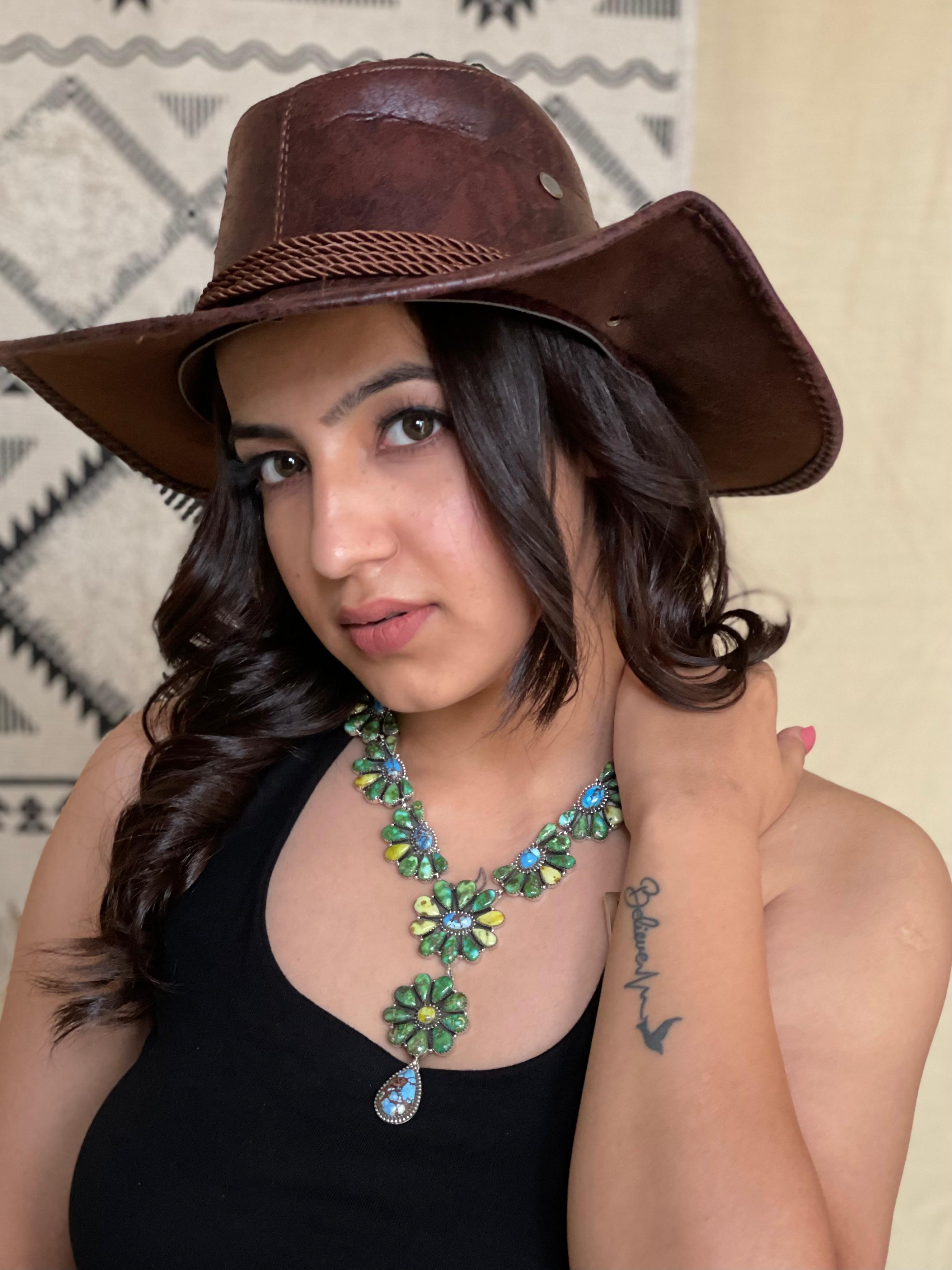 Handmade Sterling Silver Palomino with Golden Hills and Sonoran Mountain Turquoise Necklace "Signed Nizhoni"