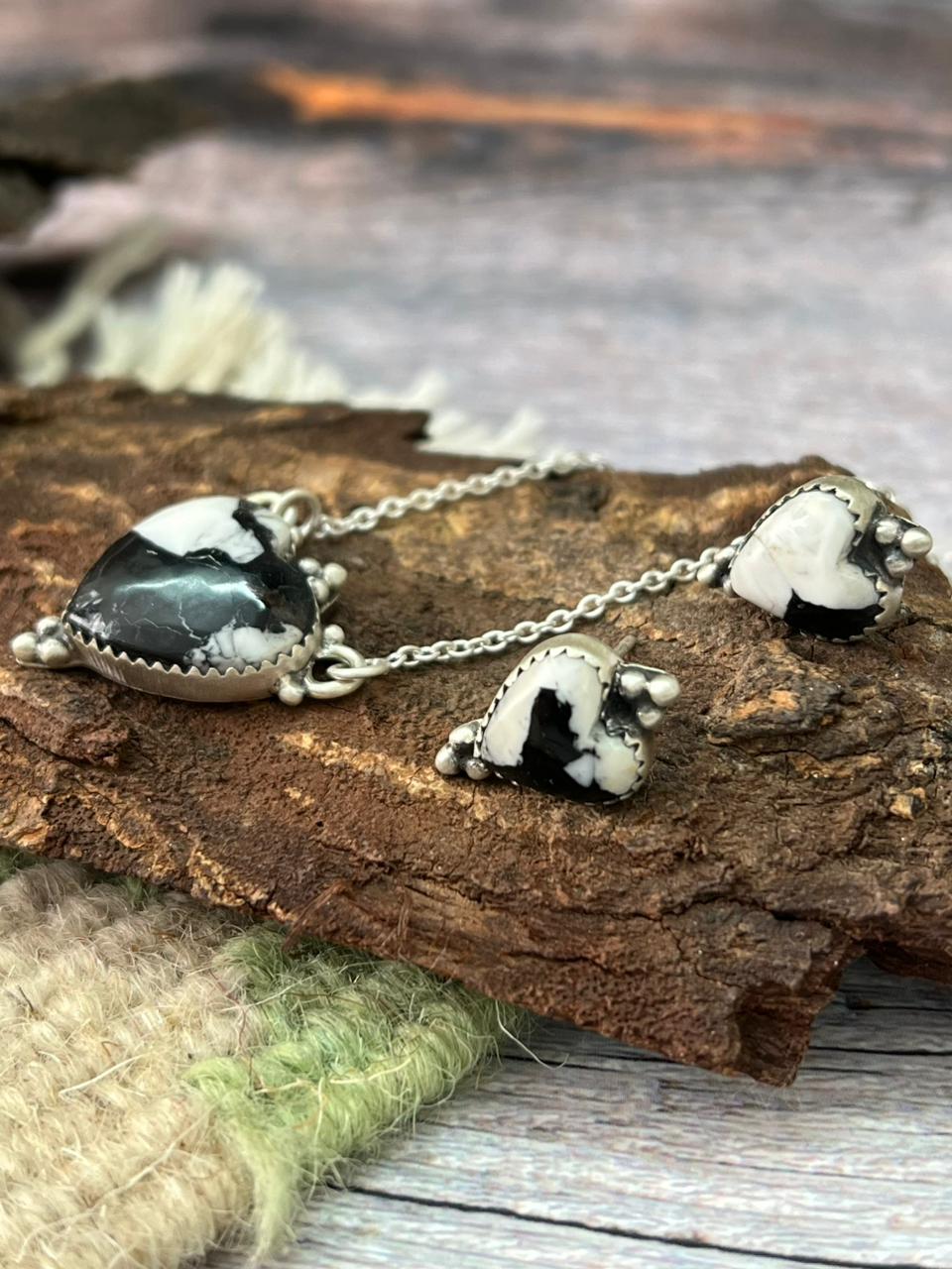 Handmade Sterling Silver White Buffalo Necklace Earrings Set "Signed Nizhoni"