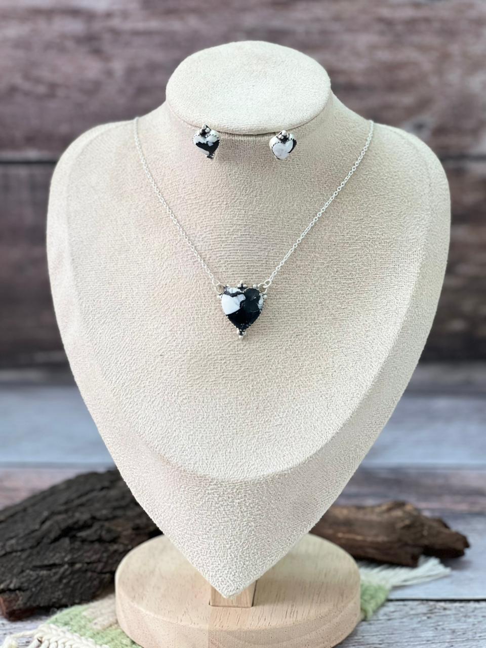 Handmade Sterling Silver White Buffalo Necklace Earrings Set "Signed Nizhoni"