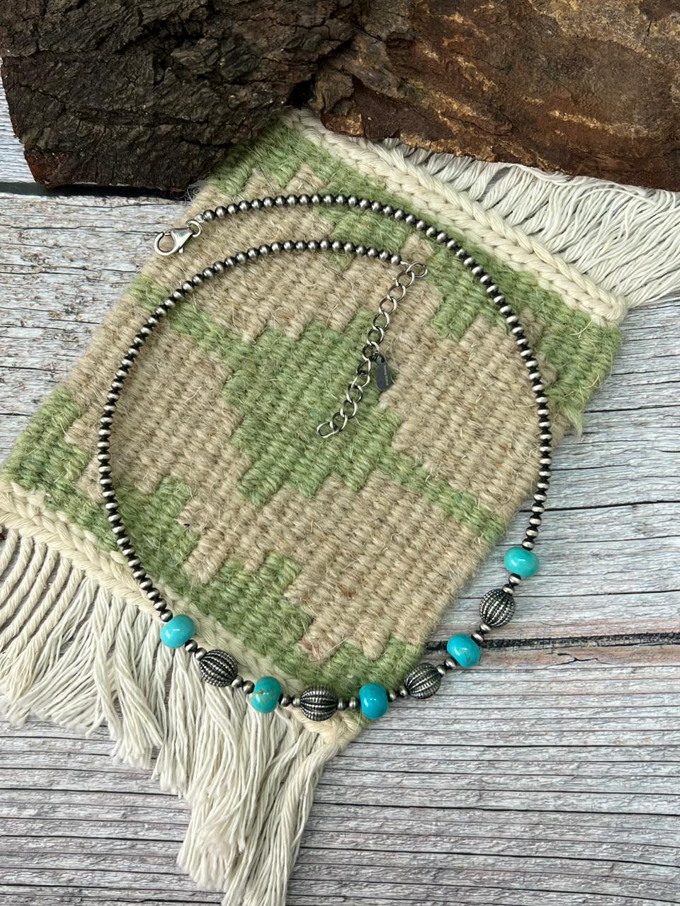 Handmade Sterling Silver Beaded Kingman Turquoise Necklace "Signed Nizhoni"