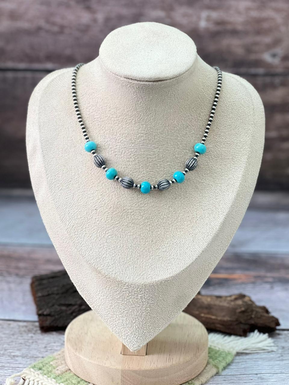 Handmade Sterling Silver Beaded Kingman Turquoise Necklace "Signed Nizhoni"