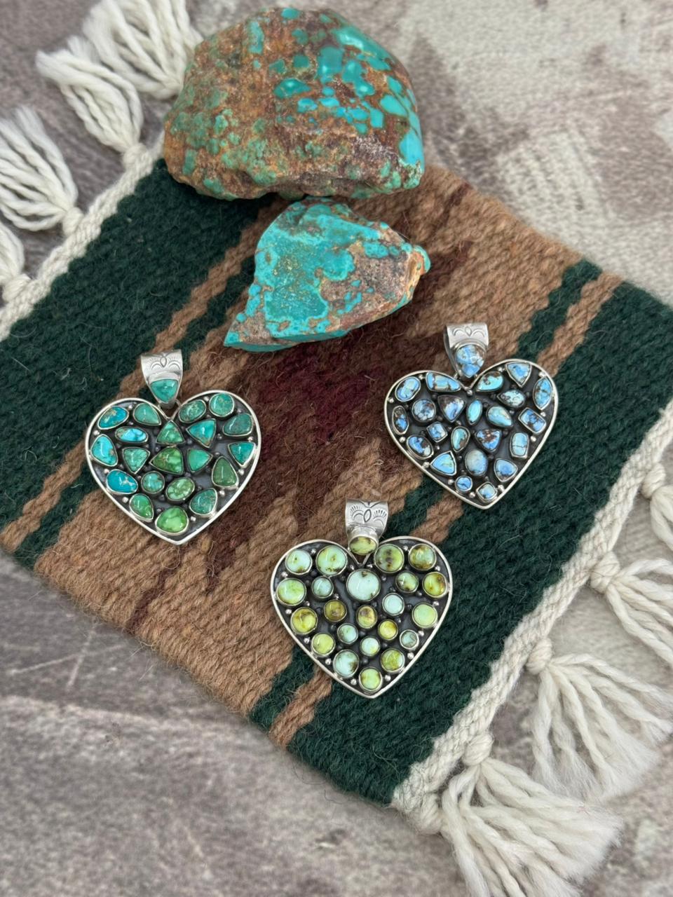 Handmade Sterling Silver Multi Stone Heart Shape Pendant "Signed Nizhoni"