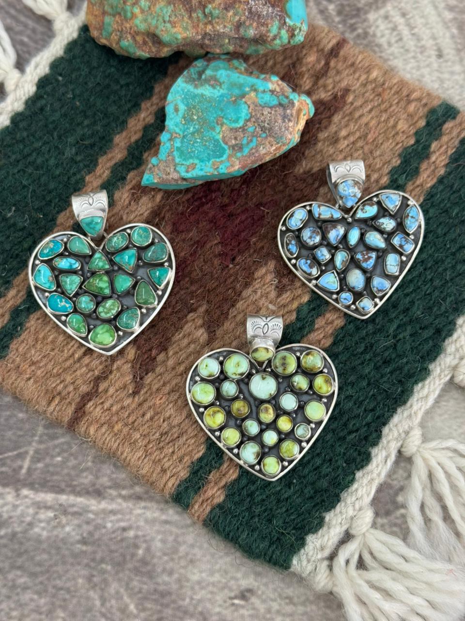 Handmade Sterling Silver Multi Stone Heart Shape Pendant "Signed Nizhoni"