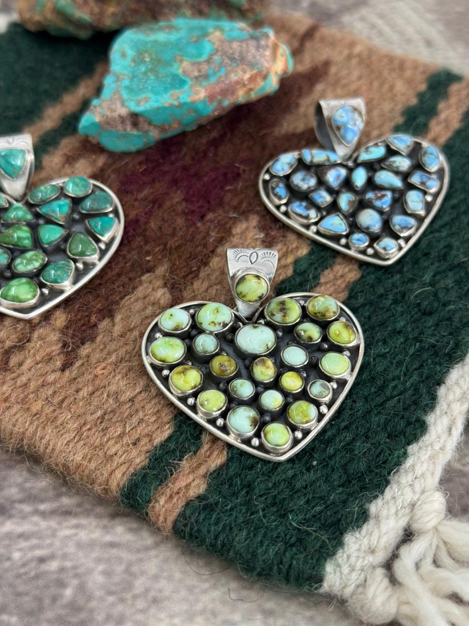 Handmade Sterling Silver Multi Stone Heart Shape Pendant "Signed Nizhoni"