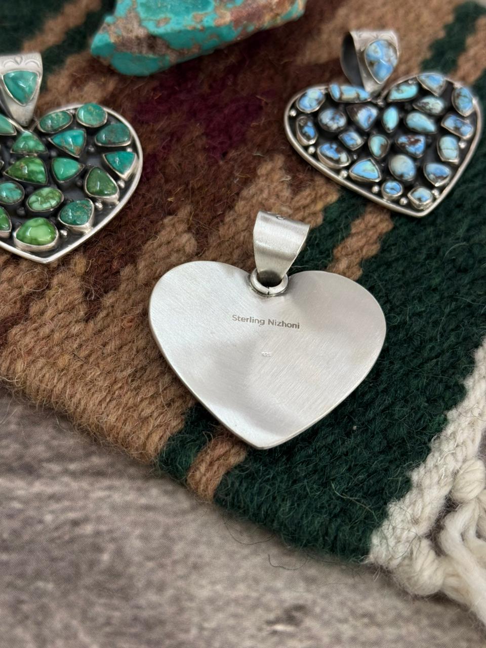 Handmade Sterling Silver Multi Stone Heart Shape Pendant "Signed Nizhoni"