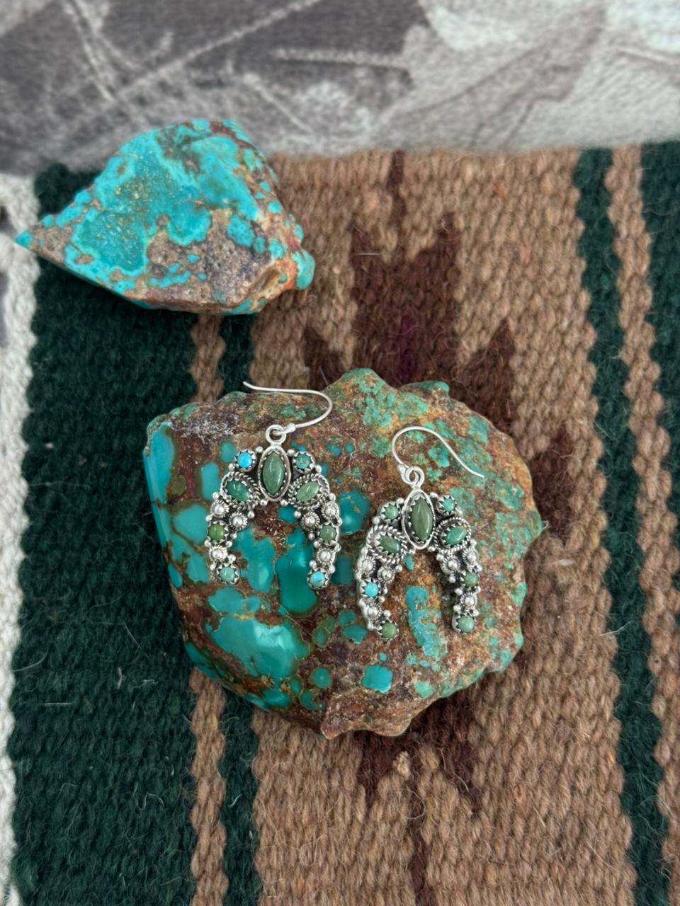 Handmade Sterling Silver Kingman Turquoise Naja Hook Dangle Earrings "Signed Nizhoni"